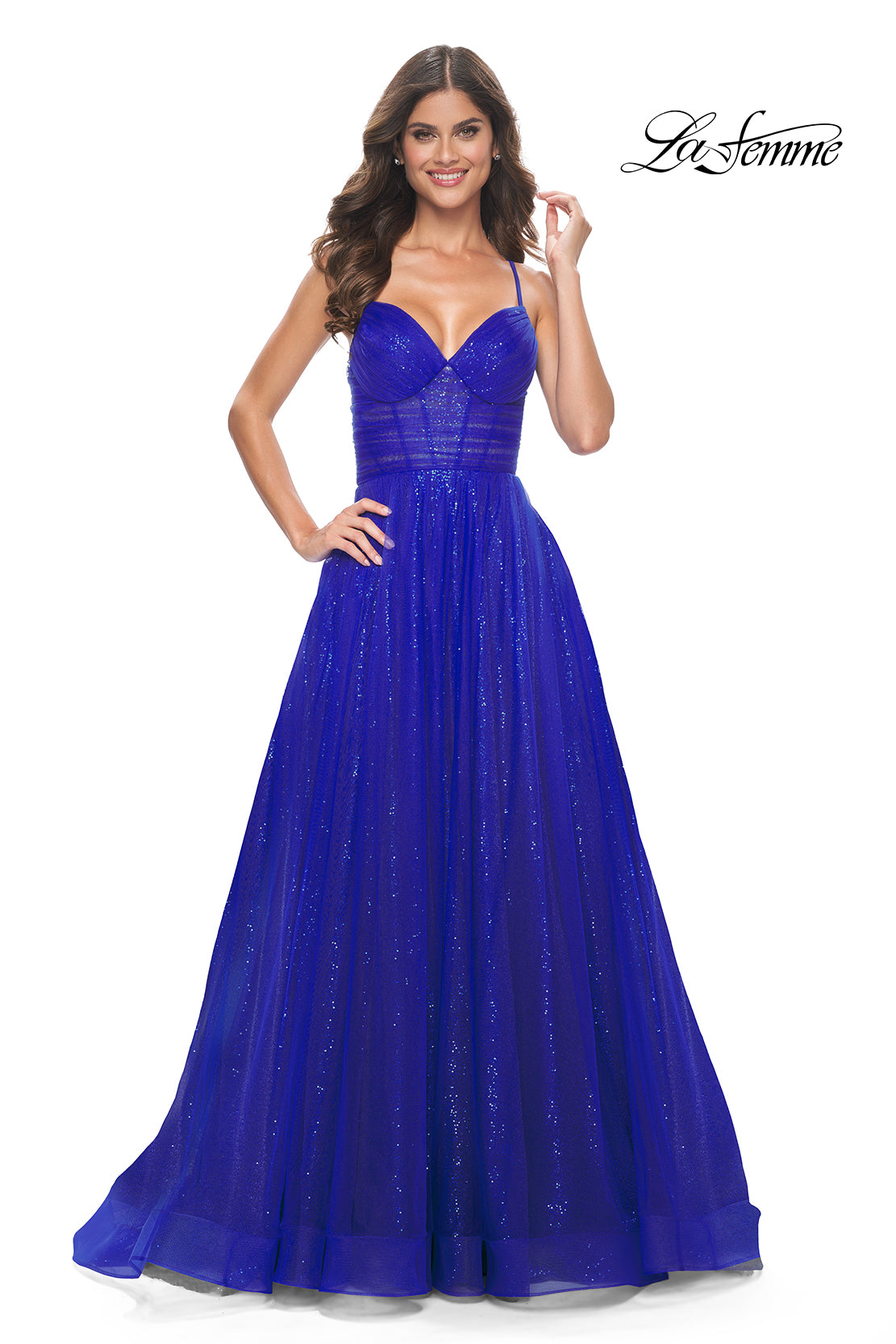 La Femme 31986 V-Neck Neckline Criss Cross Back Corset Tulle/Sequin A-Line Evening Dress B Chic Fashions Long Dress Evening Gowns
