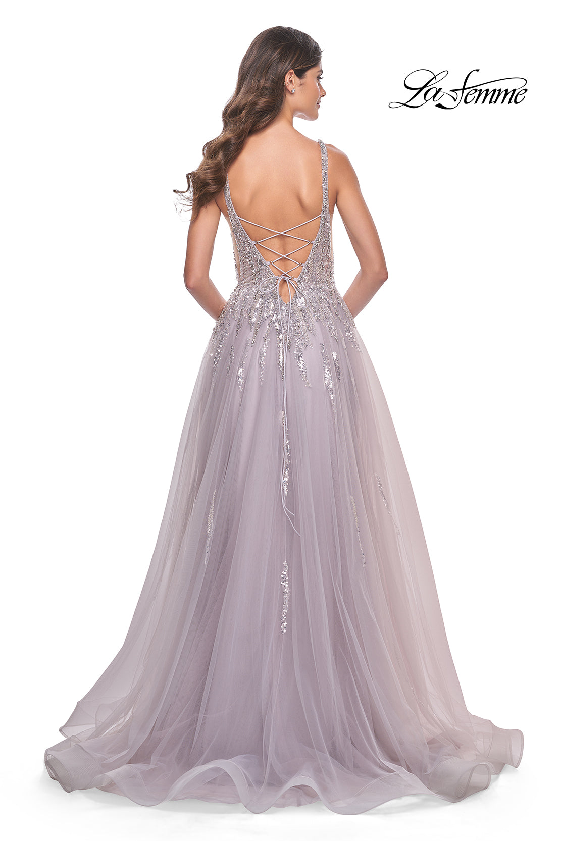 Shop La Femme 31995 Plunging Neckline Lace up Back Sequin/Tulle A-Line Evening Dress B Chic Fashions Shop La Femme 31995 Plunging Neckline Lace up Back Sequin/Tulle A-Line Evening Dress B Chic Fashions