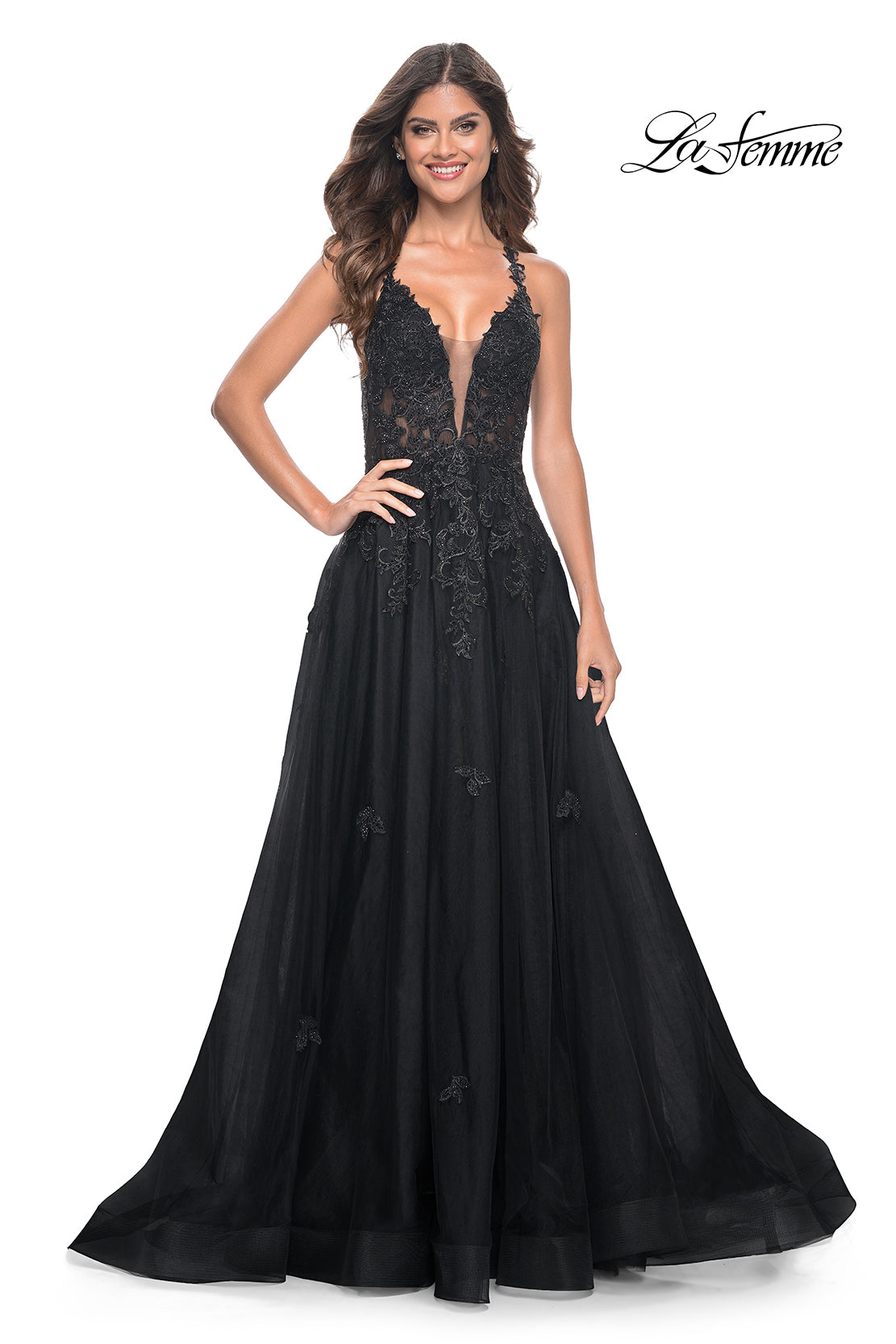 La-Femme-32022-Plunging-Neckline-Criss-Cross-Back-Lace-Tulle-A-Line-Black-Evening-Dress-B-Chic-Fashions-Prom-Dress