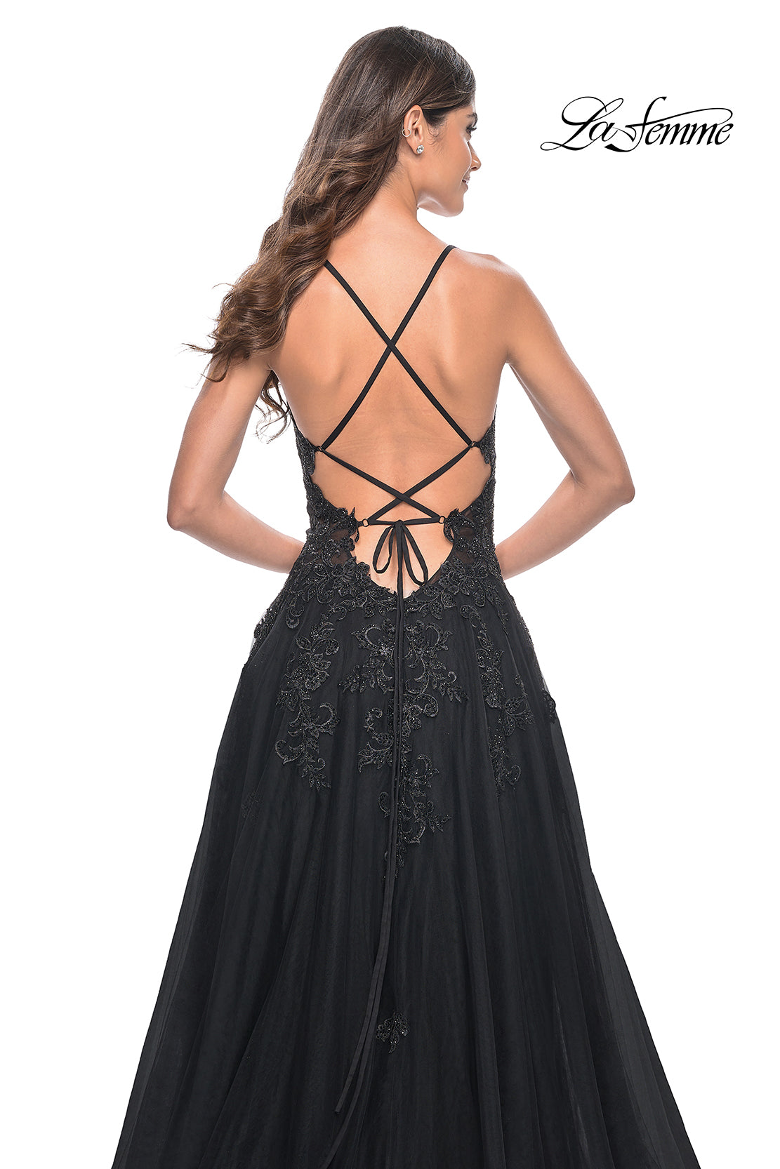 La-Femme-32022-Plunging-Neckline-Criss-Cross-Back-Lace-Tulle-A-Line-Black-Evening-Dress-B-Chic-Fashions-Prom-Dress