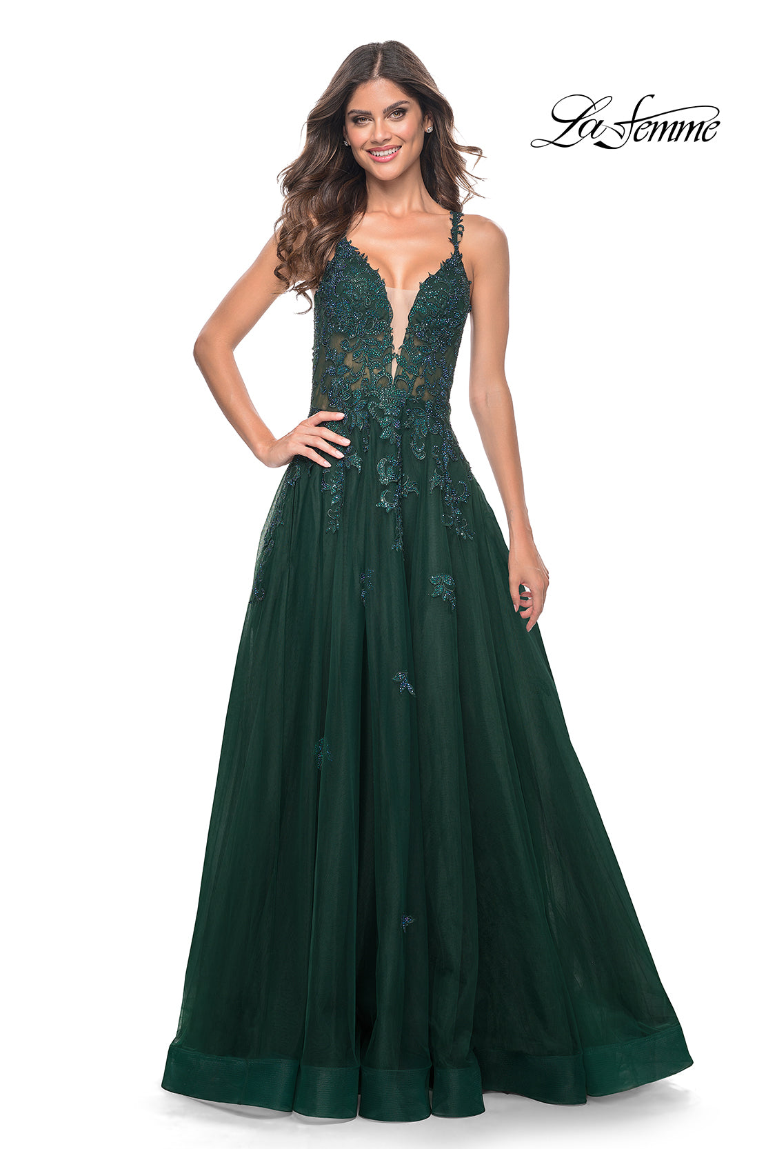 La-Femme-32022-Plunging-Neckline-Criss-Cross-Back-Lace-Tulle-A-Line-Dark-Emerald-Evening-Dress-B-Chic-Fashions-Prom-Dress
