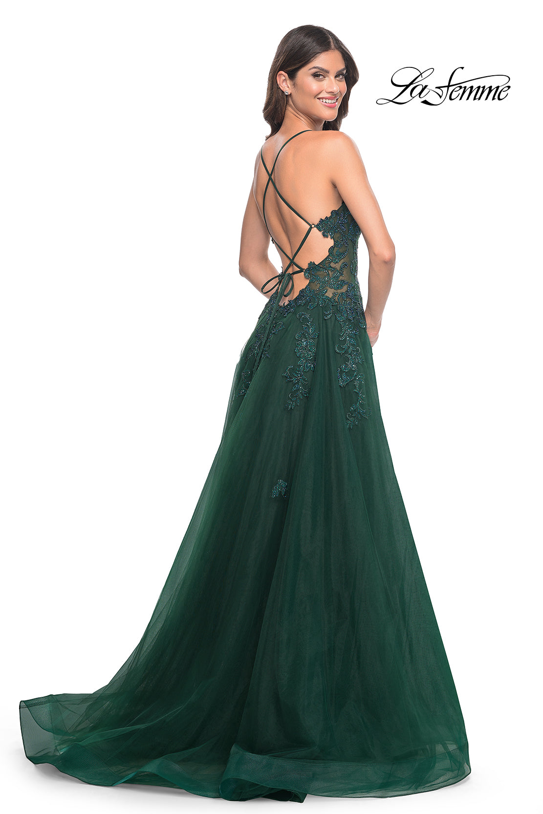 La-Femme-32022-Plunging-Neckline-Criss-Cross-Back-Lace-Tulle-A-Line-Dark-Emerald-Evening-Dress-B-Chic-Fashions-Prom-Dress