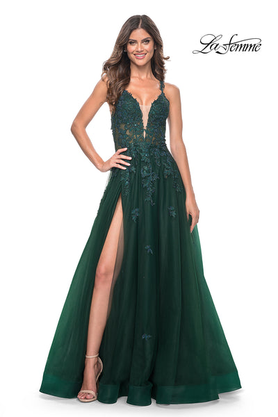 La-Femme-32022-Plunging-Neckline-Criss-Cross-Back-Lace-Tulle-A-Line-Dark-Emerald-Evening-Dress-B-Chic-Fashions-Prom-Dress