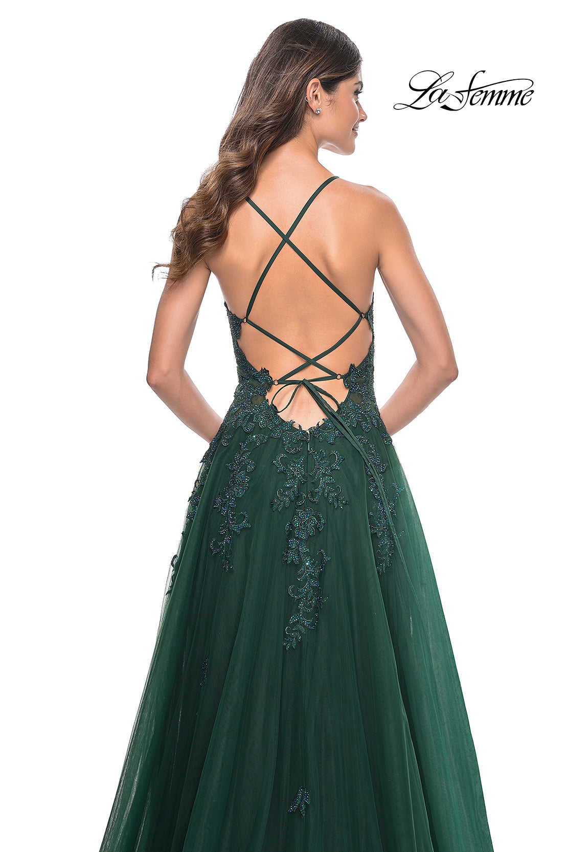 Shop La Femme 32022 Plunging Neckline Criss Cross Back Lace/Tulle A-Line Evening Dress B Chic Fashions Shop La Femme 32022 Plunging Neckline Criss Cross Back Lace/Tulle A-Line Evening Dress B Chic Fashions