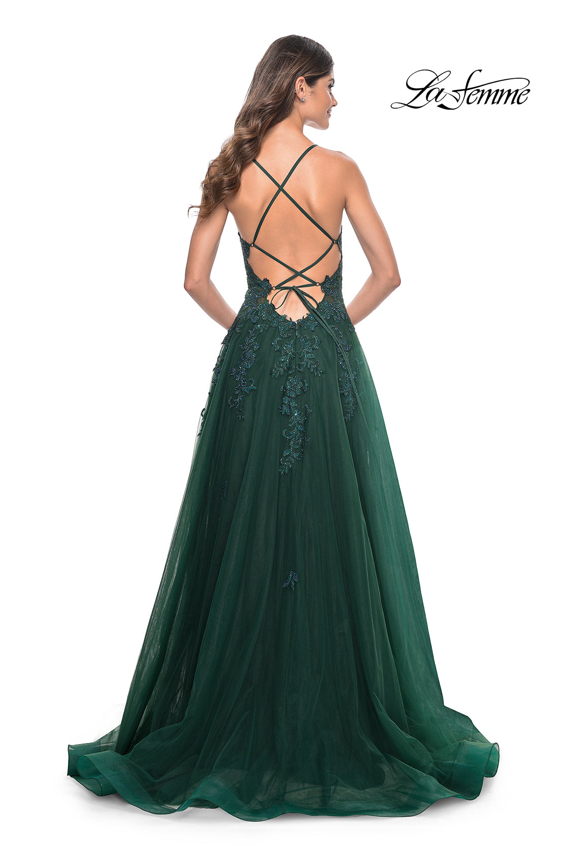La-Femme-32022-Plunging-Neckline-Criss-Cross-Back-Lace-Tulle-A-Line-Dark-Emerald-Evening-Dress-B-Chic-Fashions-Prom-Dress