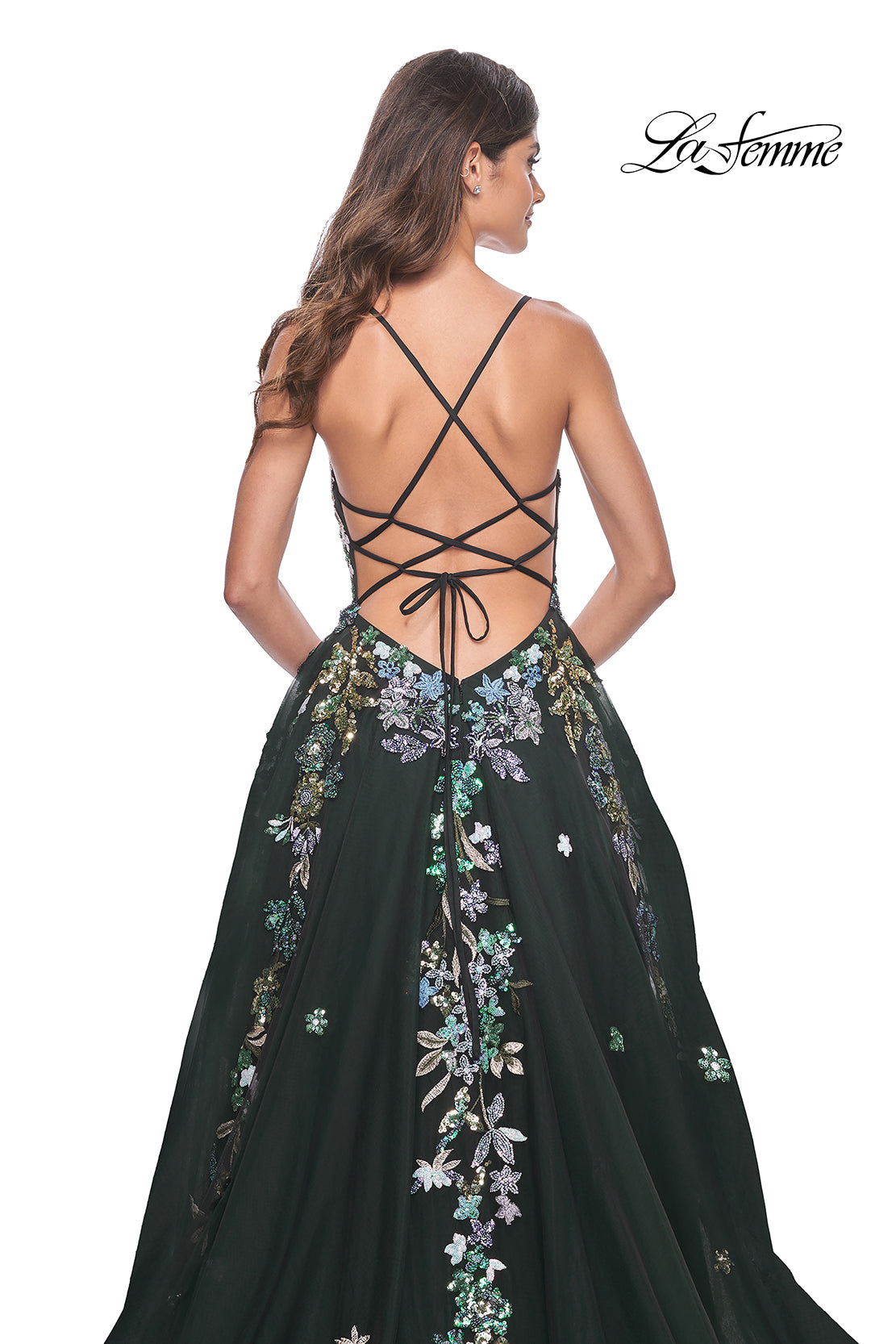 Shop La Femme 32023 V-Neck Neckline Criss Cross Back Train Sequin/Tulle A- Line Evening Dress – B Chic Fashions