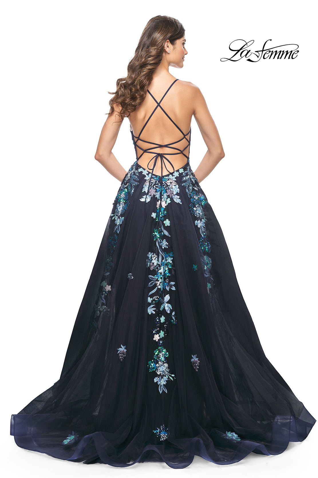 Shop La Femme 32023 V-Neck Neckline Criss Cross Back Train Sequin/Tulle  A-Line Evening Dress – B Chic Fashions