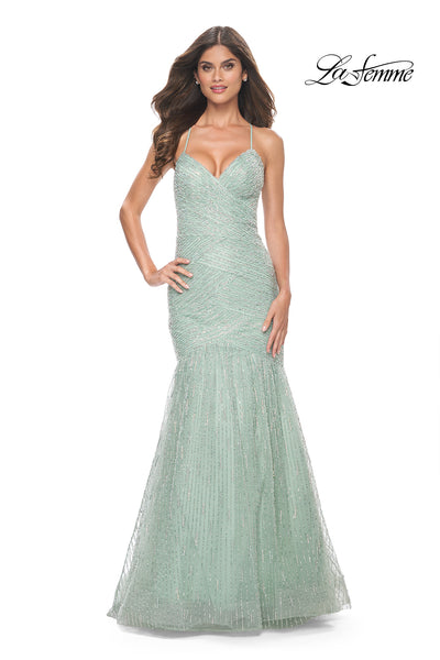 La-Femme-32026-V-Neck-Neckline-Criss-Cross-Back-Ruched-Beaded-Mermaid-Fitted-Sage-Evening-Dress-B-Chic-Fashions-Prom-Dress