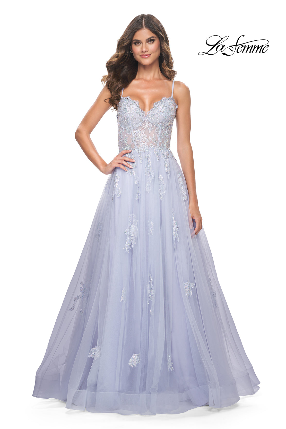 La Femme 32028 Sweetheart Neckline Criss Cross Back High Slit Lace/Tulle A-Line Evening Dress B Chic Fashions Long Dress Evening Gowns