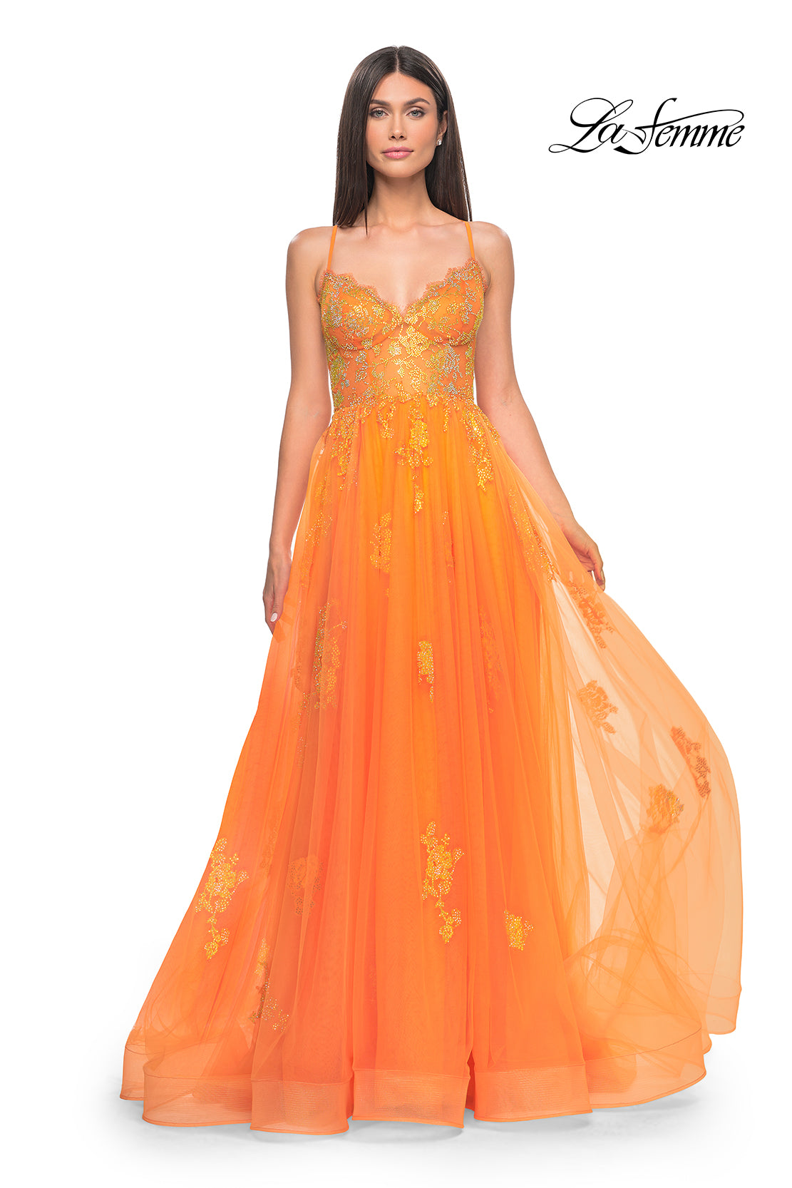 La Femme 32028 Sweetheart Neckline Criss Cross Back High Slit Lace/Tulle A-Line Evening Dress B Chic Fashions Long Dress Evening Gowns