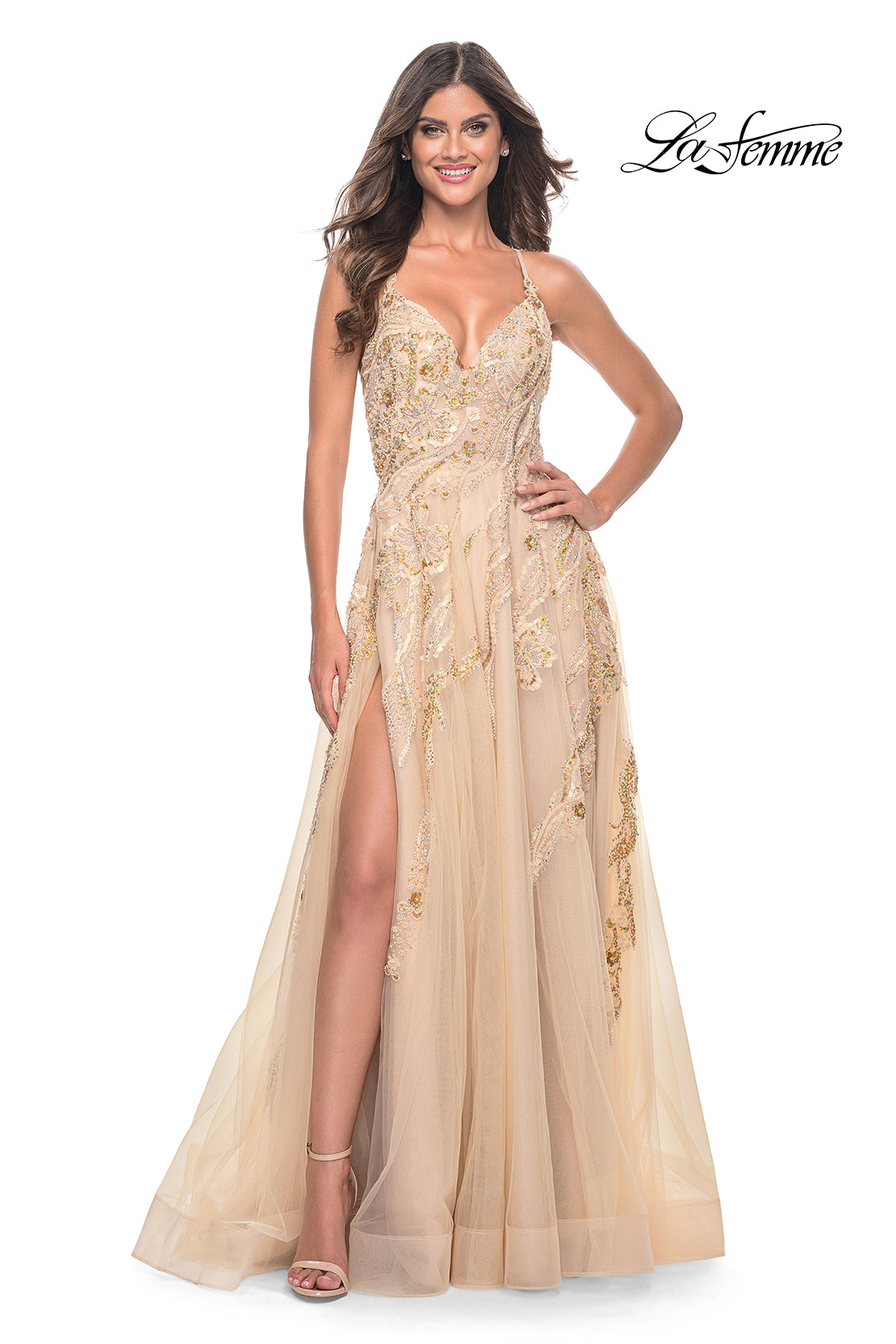 La-Femme-32032-V-Neck-Neckline-Criss-Cross-Back-High-Slit-Sequin-Lace-Tulle-A-Line-Champagne-Evening-Dress-B-Chic-Fashions-Prom-Dress