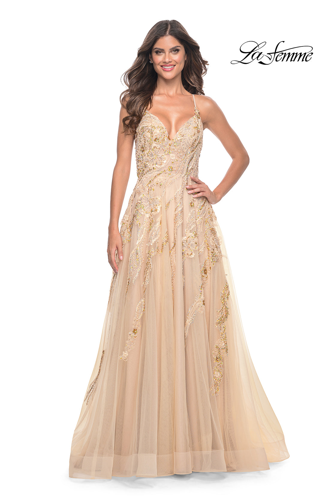 La-Femme-32032-V-Neck-Neckline-Criss-Cross-Back-High-Slit-Sequin-Lace-Tulle-A-Line-Champagne-Evening-Dress-B-Chic-Fashions-Prom-Dress