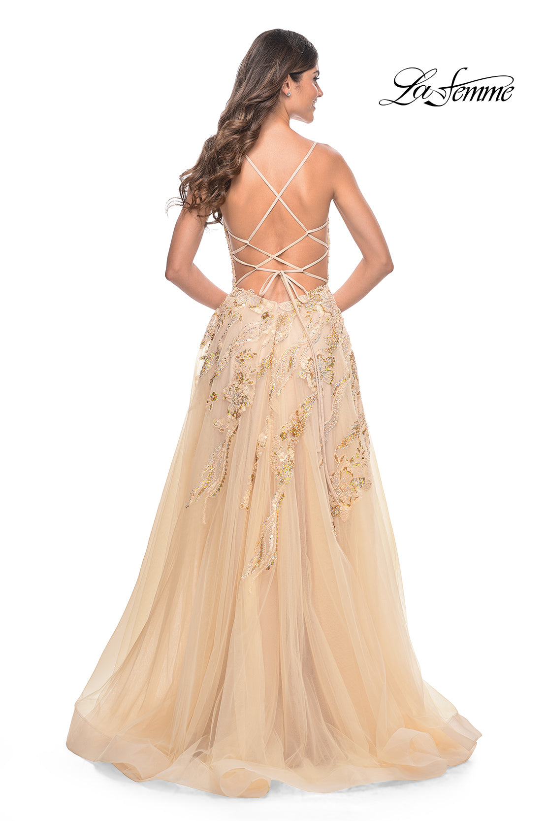 La-Femme-32032-V-Neck-Neckline-Criss-Cross-Back-High-Slit-Sequin-Lace-Tulle-A-Line-Champagne-Evening-Dress-B-Chic-Fashions-Prom-Dress