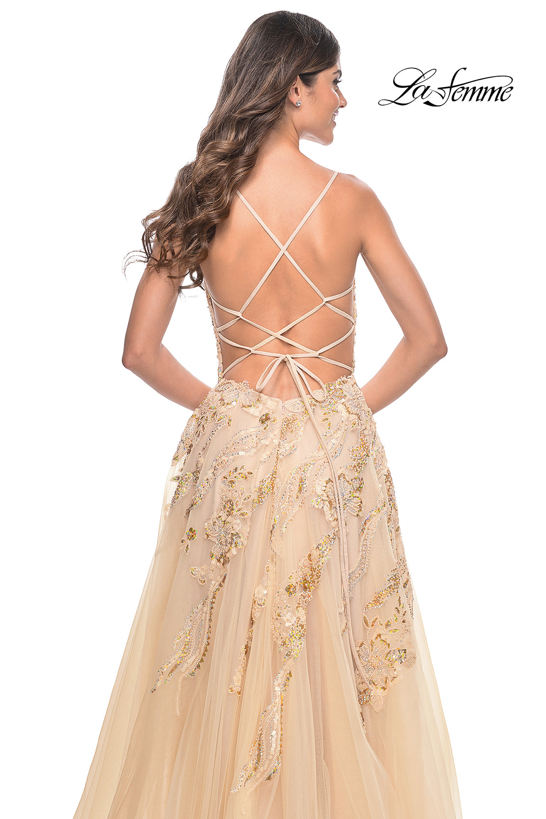 La-Femme-32032-V-Neck-Neckline-Criss-Cross-Back-High-Slit-Sequin-Lace-Tulle-A-Line-Champagne-Evening-Dress-B-Chic-Fashions-Prom-Dress