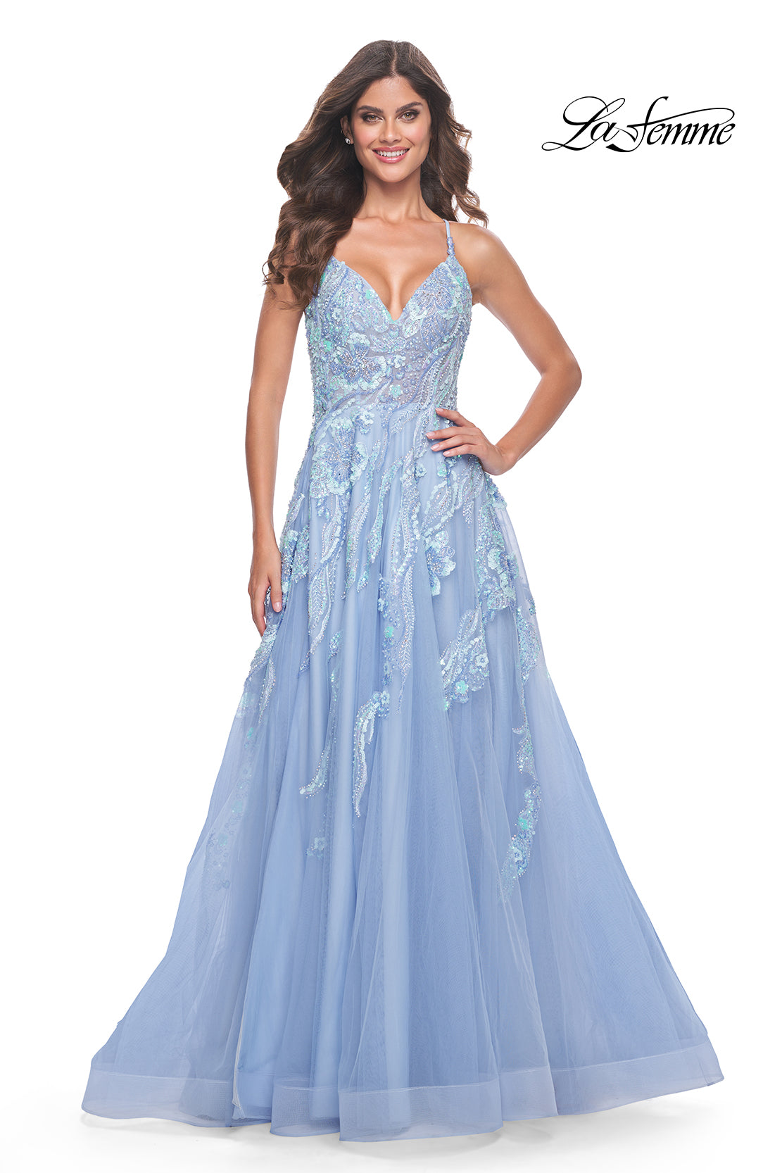 La-Femme-32032-V-Neck-Neckline-Criss-Cross-Back-High-Slit-Sequin-Lace-Tulle-A-Line-Cloud-Blue-Evening-Dress-B-Chic-Fashions-Prom-Dress