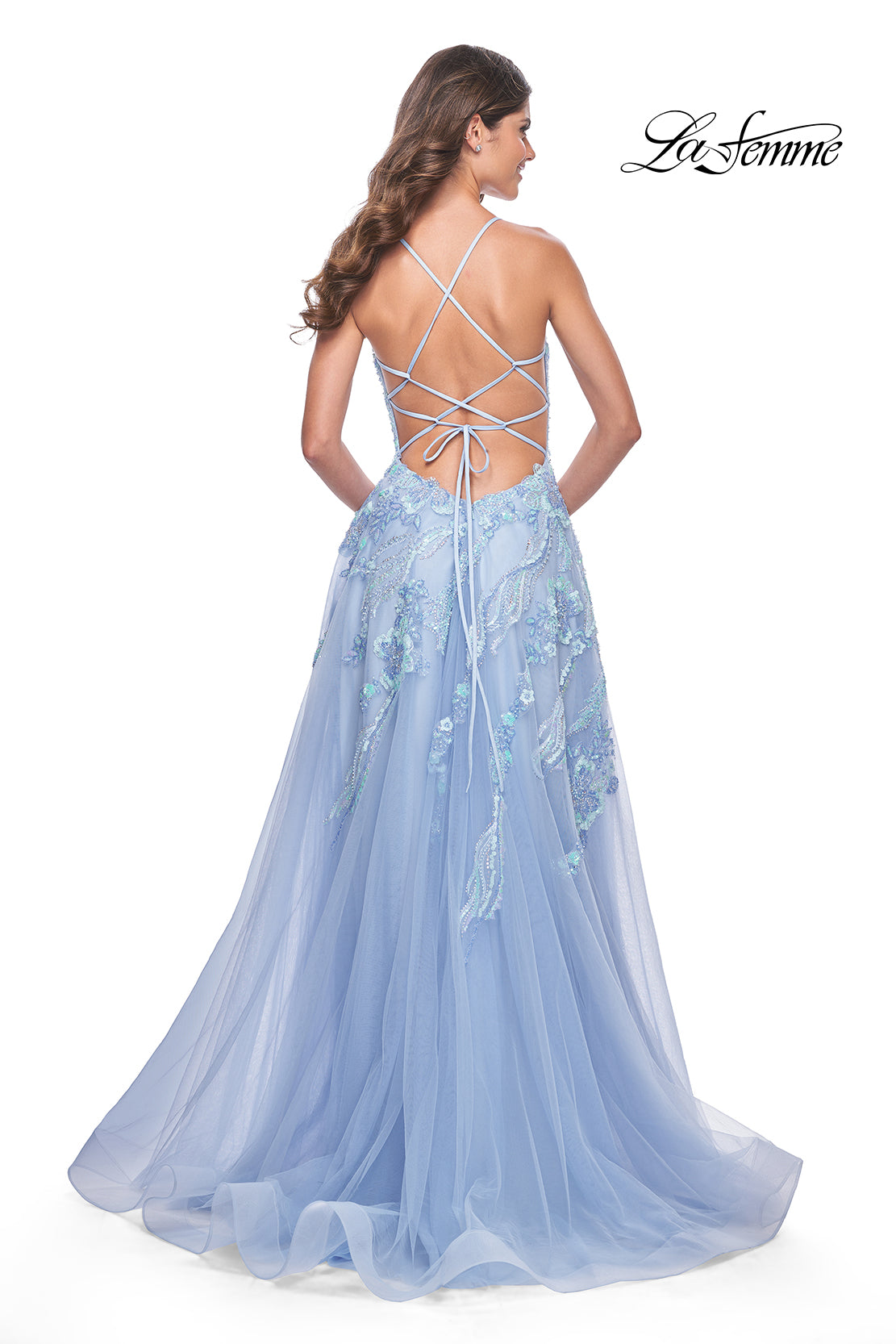 Shop La Femme 32032 V-Neck Neckline Criss Cross Back High Slit Sequin Lace/Tulle  A-Line Evening Dress – B Chic Fashions