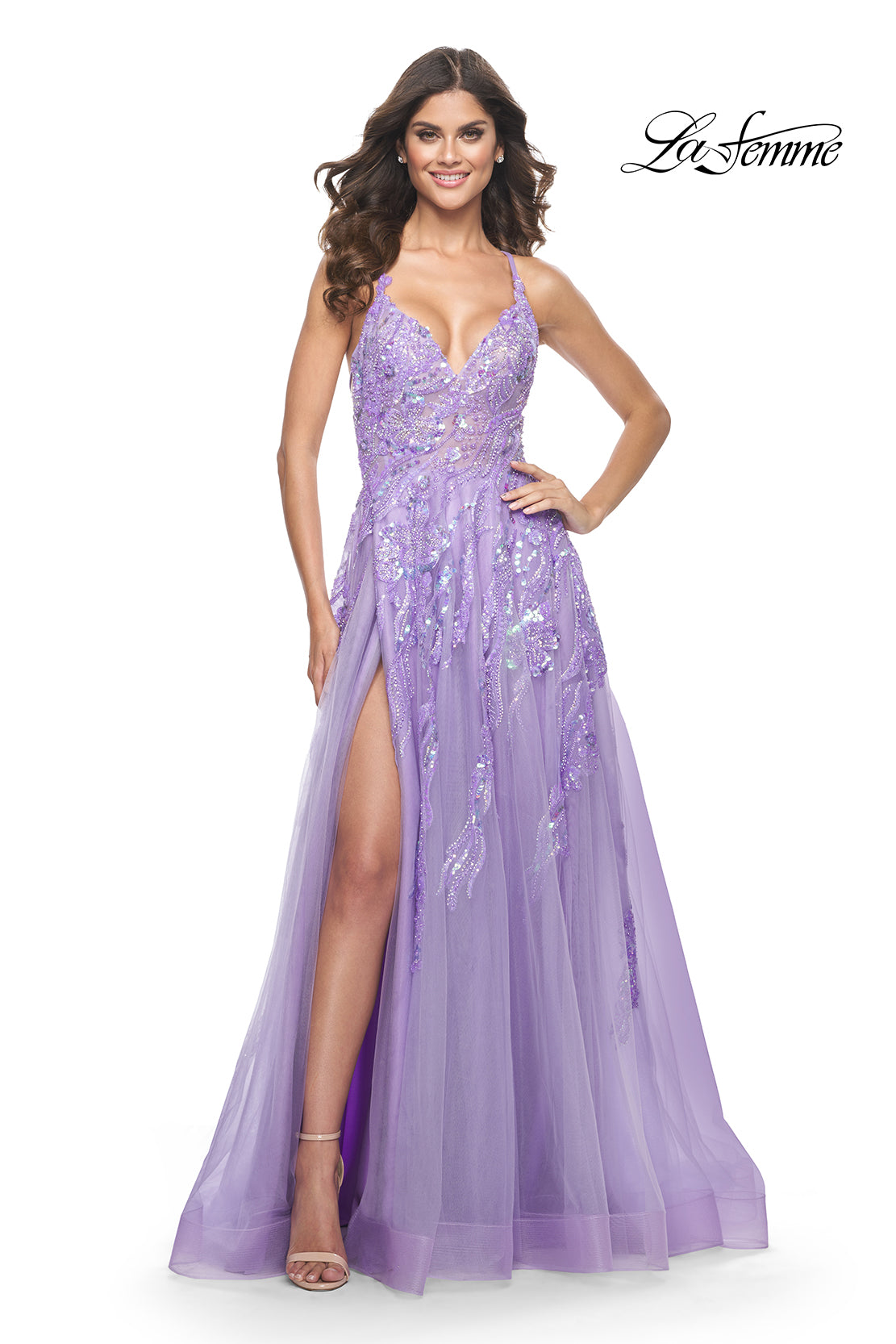 La-Femme-32032-V-Neck-Neckline-Criss-Cross-Back-High-Slit-Sequin-Lace-Tulle-A-Line-Lavender-Evening-Dress-B-Chic-Fashions-Prom-Dress