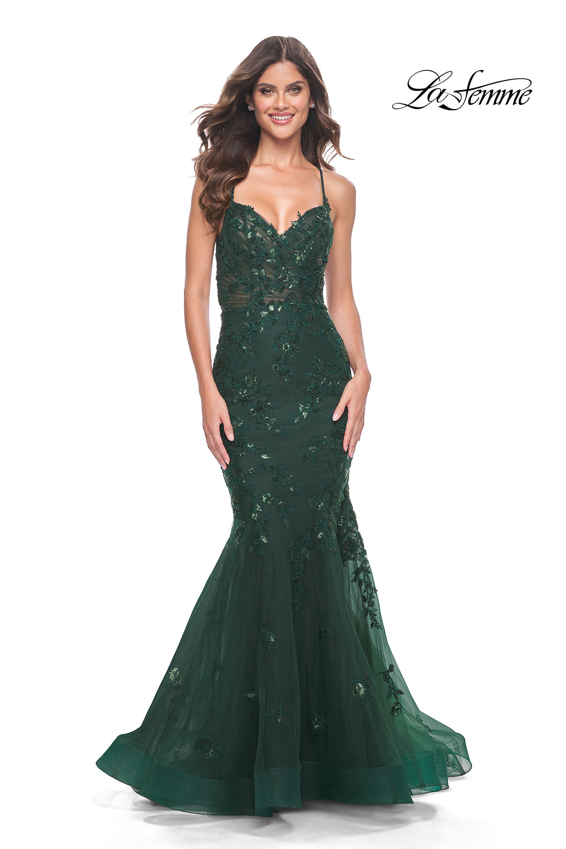 La-Femme-32033-V-Neck-Neckline-Corset-Lace-up-Back-Lace-Tulle-Mermaid-Fitted-Dark-Emerald-Evening-Dress-B-Chic-Fashions-Prom-Dress