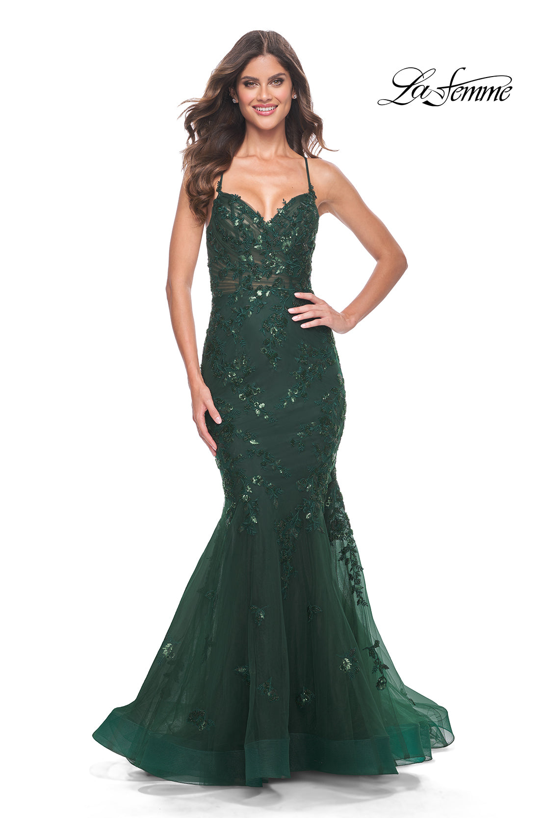La-Femme-32033-V-Neck-Neckline-Corset-Lace-up-Back-Lace-Tulle-Mermaid-Fitted-Dark-Emerald-Evening-Dress-B-Chic-Fashions-Prom-Dress