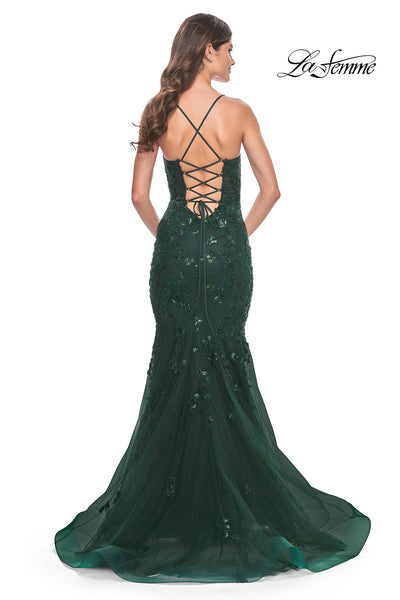 La-Femme-32033-V-Neck-Neckline-Corset-Lace-up-Back-Lace-Tulle-Mermaid-Fitted-Dark-Emerald-Evening-Dress-B-Chic-Fashions-Prom-Dress