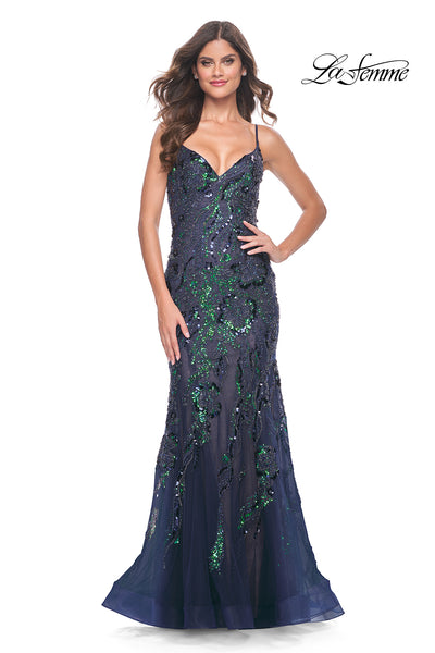 La Femme 32049 V-Neck Neckline Zipper Back Stones Sequin Lace Mermaid Evening Dress B Chic Fashions Long Dress Evening Gowns
