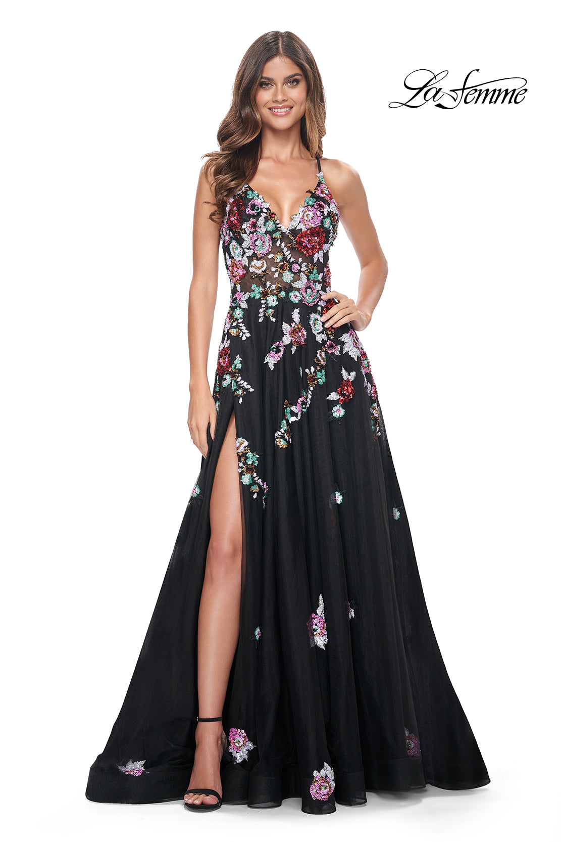 La-Femme-32051-V-Neck-Neckline-Criss-Cross-Back-Floral-Sequin-Tulle-Black-A-Line-Evening-Dress-B-Chic-Fashions-Prom-Dress