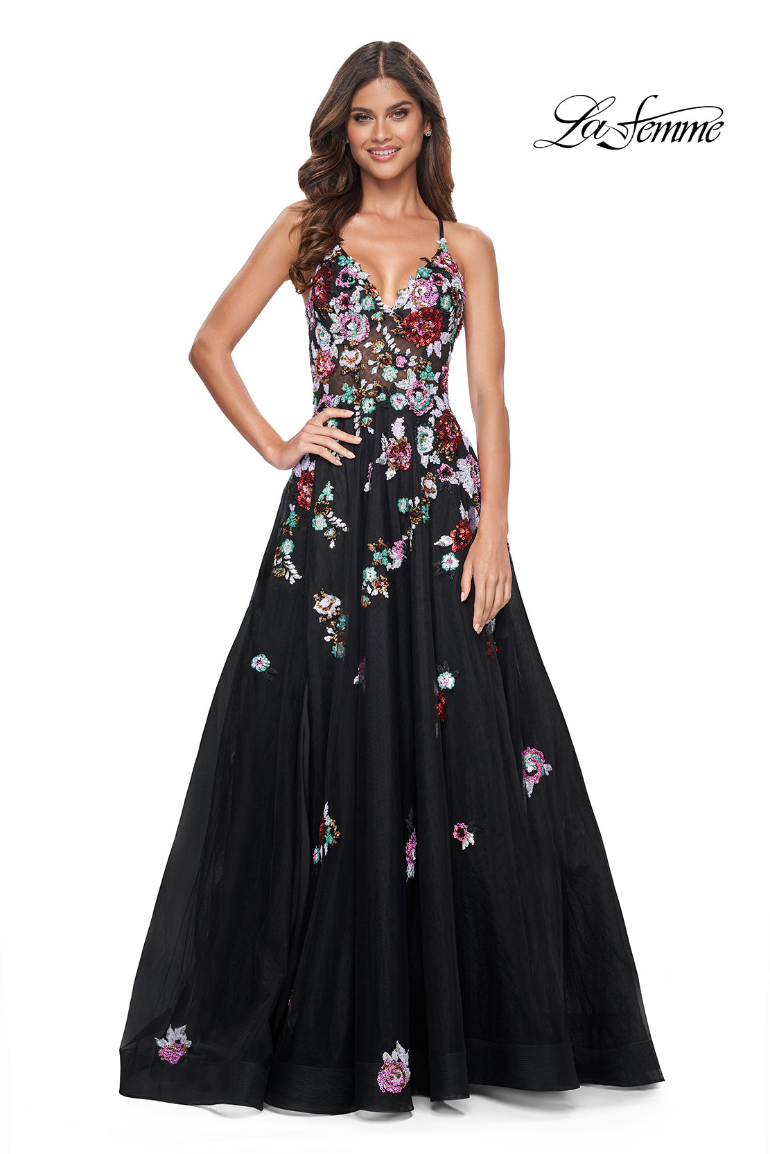 La-Femme-32051-V-Neck-Neckline-Criss-Cross-Back-Floral-Sequin-Tulle-Black-A-Line-Evening-Dress-B-Chic-Fashions-Prom-Dress