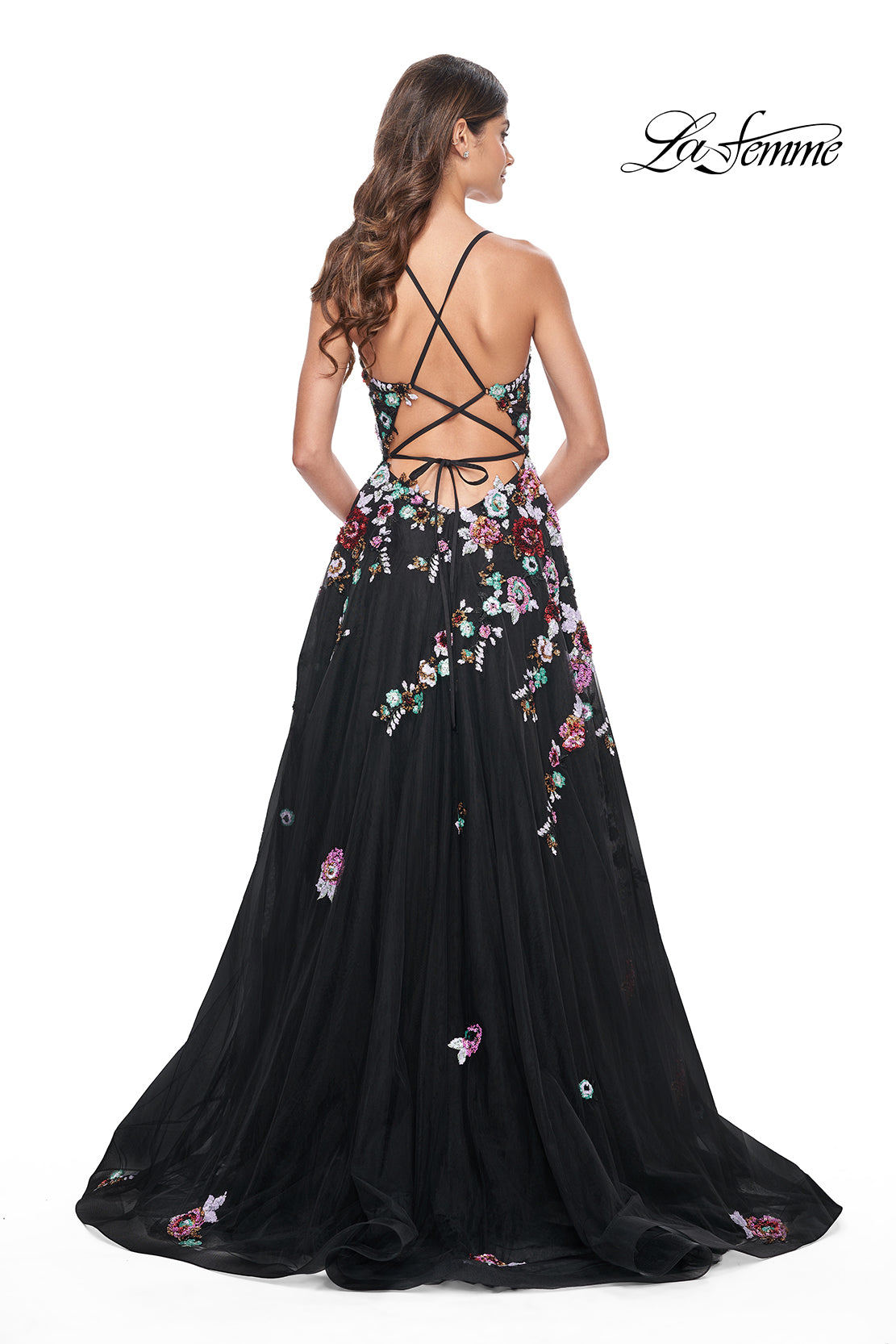 La-Femme-32051-V-Neck-Neckline-Criss-Cross-Back-Floral-Sequin-Tulle-Black-A-Line-Evening-Dress-B-Chic-Fashions-Prom-Dress