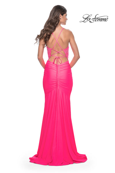 La-Femme-32054-V-Neck-Neckline-Criss-Cross-Back-High-Slit-Beaded-Jersey-Column-Neon-Pink-Evening-Dress-B-Chic-Fashions-Prom-Dress