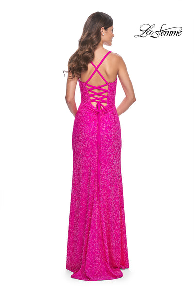 La-Femme-32058-Square-Neckline-Lace-up-Back-High-Slit-Hot-Stone-Jersey-Fitted-Hot-Fuchsia-Evening-Dress-B-Chic-Fashions-Prom-Dress
