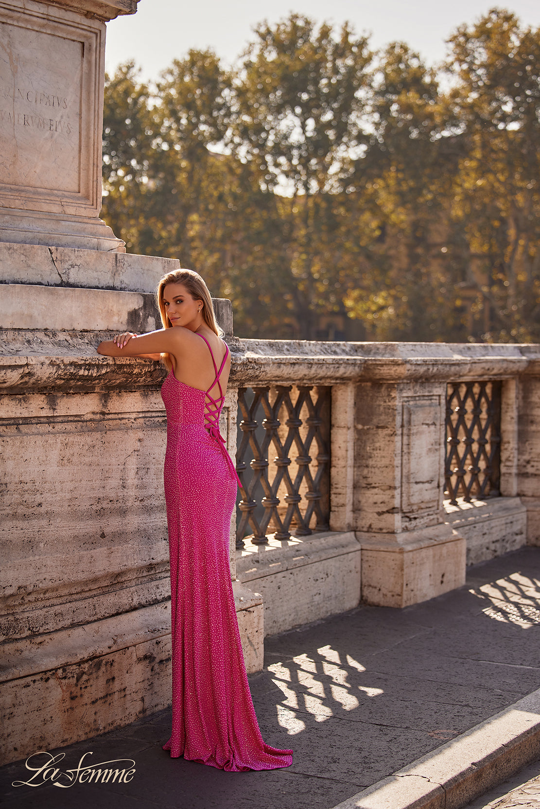 La-Femme-32058-Square-Neckline-Lace-up-Back-High-Slit-Hot-Stone-Jersey-Fitted-Hot-Fuchsia-Evening-Dress-B-Chic-Fashions-Prom-Dress
