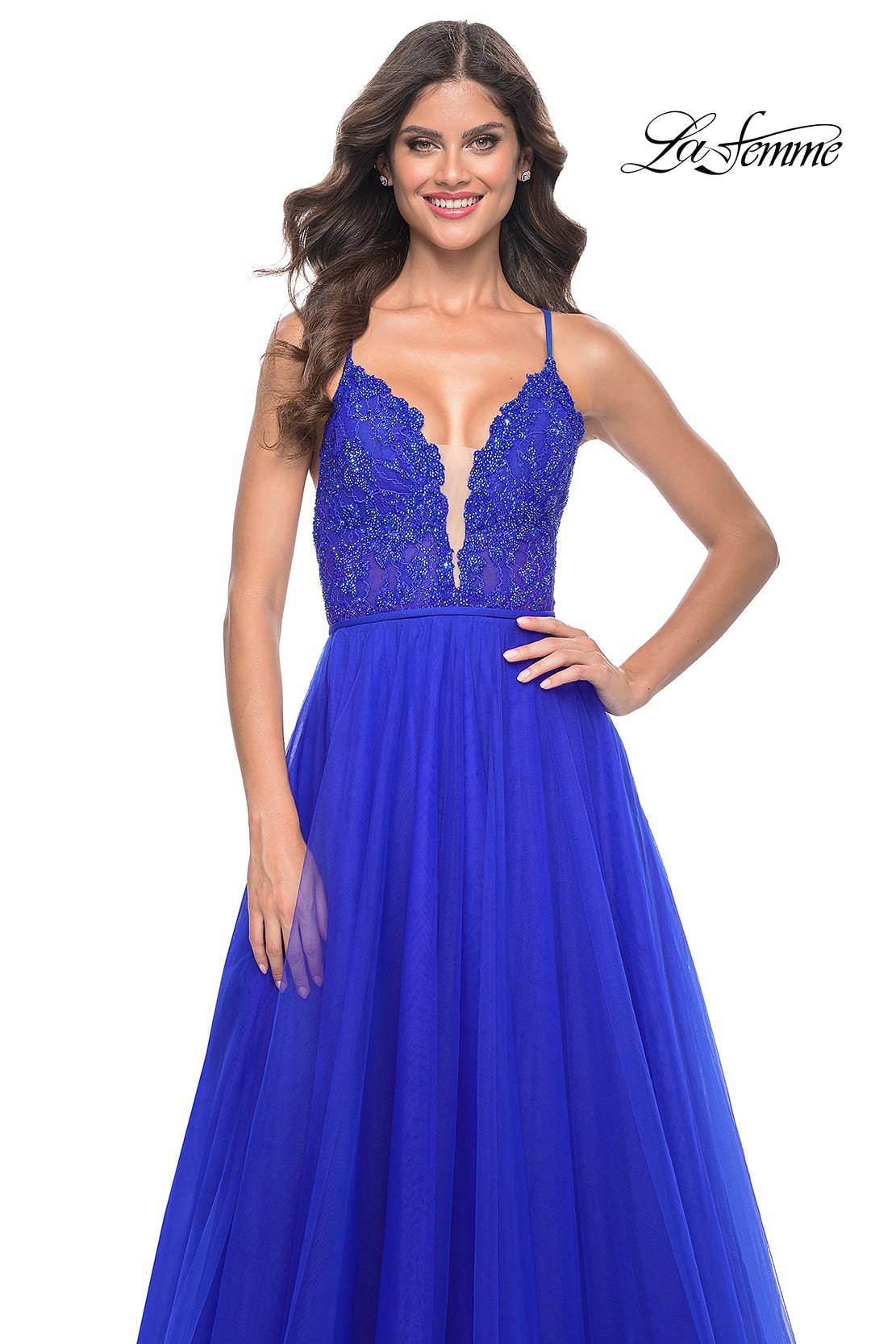 Shop La Femme 32059 Plunging Neckline Backless Lace/Tulle A-Line Evening Dress B Chic Fashions Shop La Femme 32059 Plunging Neckline Backless Lace/Tulle A-Line Evening Dress B Chic Fashions