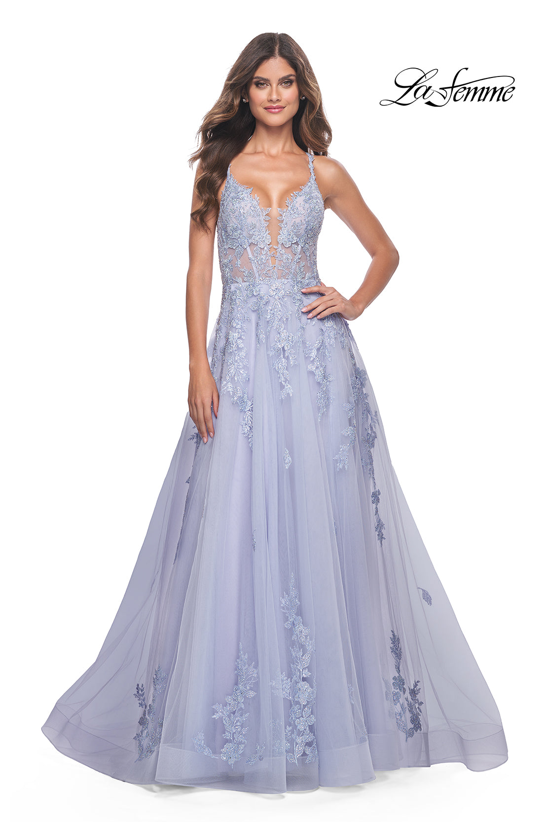La-Femme-32062-Plunging-Neckline-Criss-Cross-Back-Corset-Lace-Tulle-A-Line-Light-Periwinkle-Evening-Dress-B-Chic-Fashions-Prom-Dress