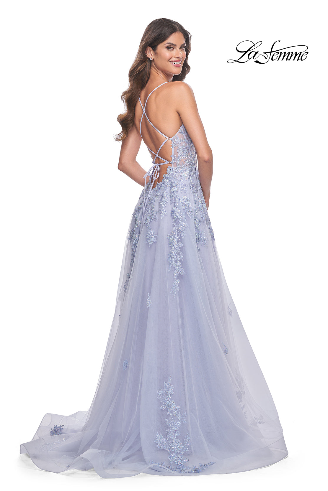 Shop La Femme 32062 Plunging Neckline Criss Cross Back Corset Lace/Tulle  A-Line Evening Dress – B Chic Fashions