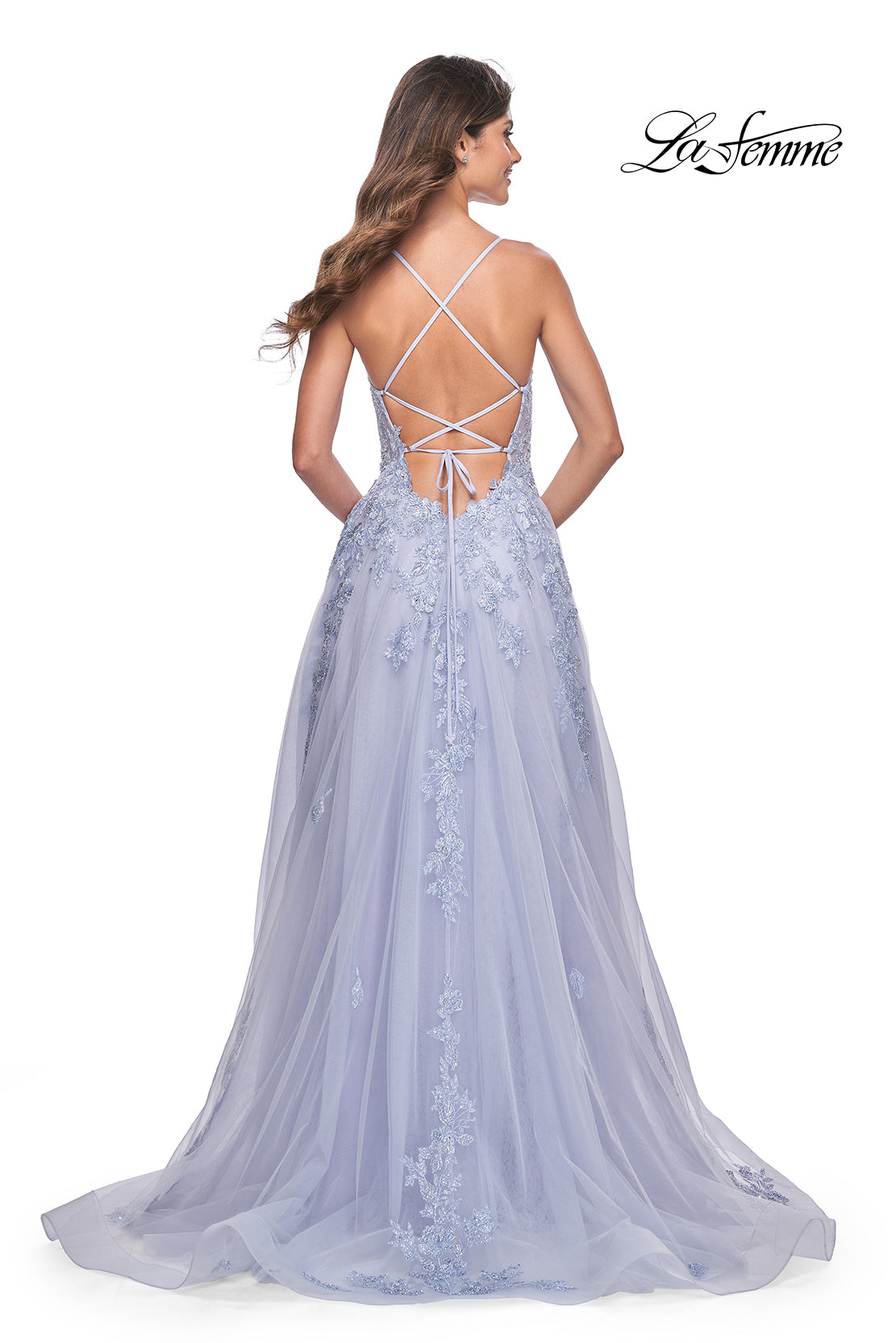 La-Femme-32062-Plunging-Neckline-Criss-Cross-Back-Corset-Lace-Tulle-A-Line-Light-Periwinkle-Evening-Dress-B-Chic-Fashions-Prom-Dress