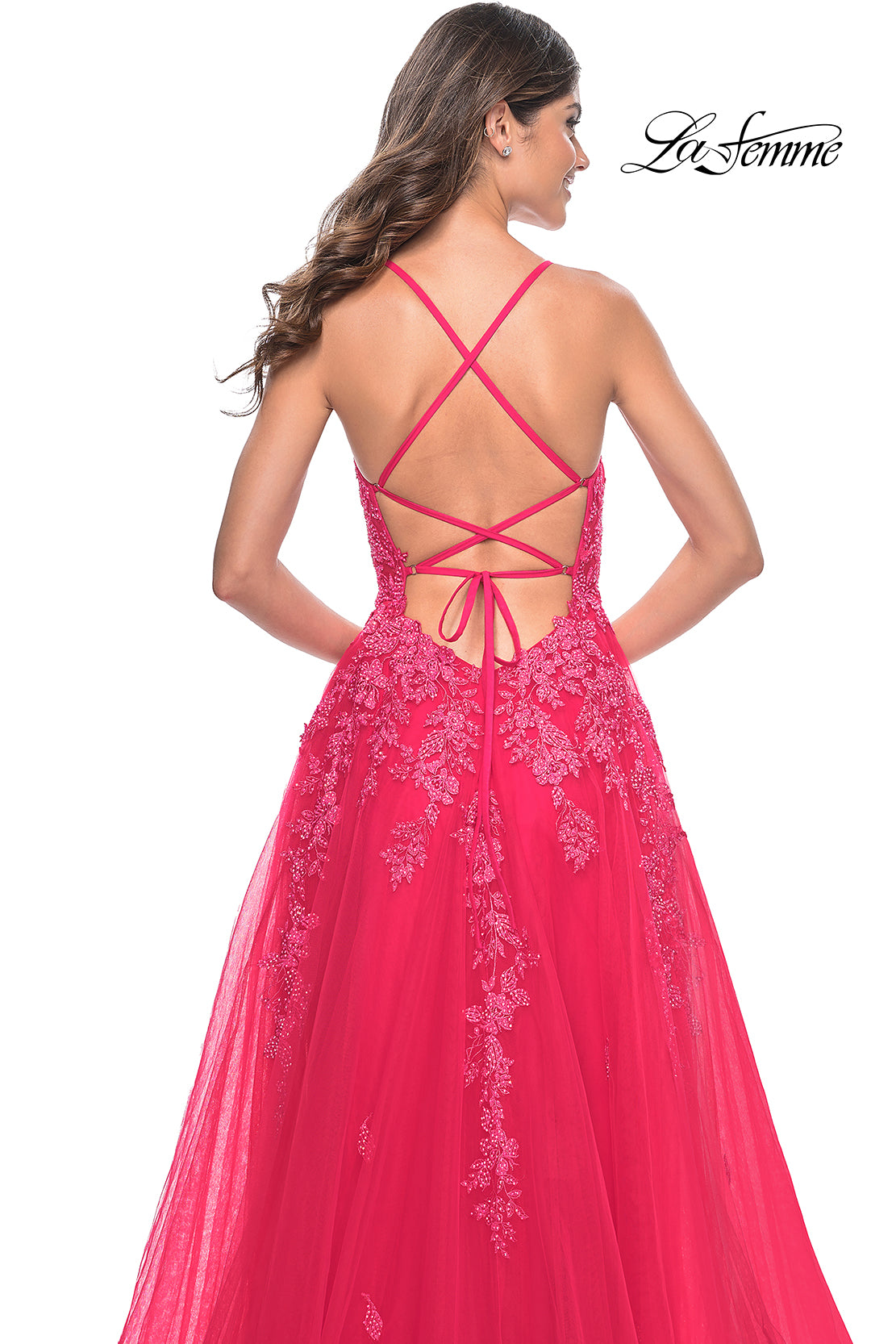 La-Femme-32062-Plunging-Neckline-Criss-Cross-Back-Corset-Lace-Tulle-A-Line-Strawberry-Evening-Dress-B-Chic-Fashions-Prom-Dress