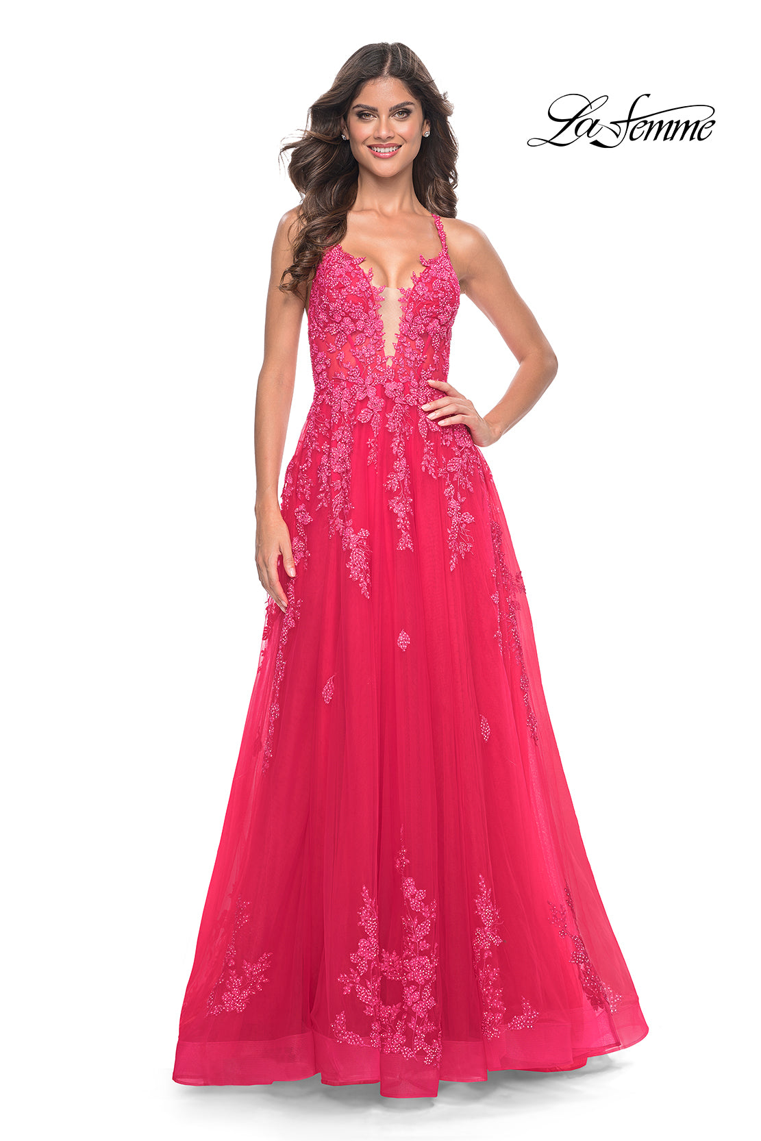 La-Femme-32062-Plunging-Neckline-Criss-Cross-Back-Corset-Lace-Tulle-A-Line-Strawberry-Evening-Dress-B-Chic-Fashions-Prom-Dress