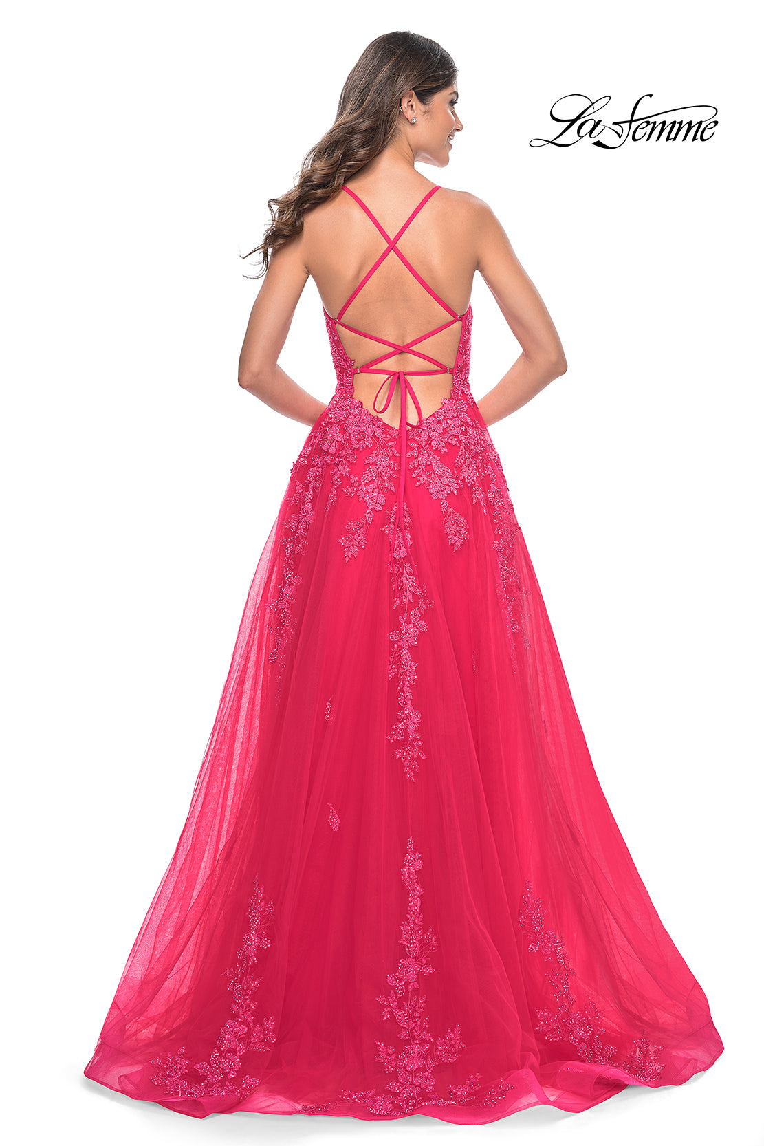 La-Femme-32062-Plunging-Neckline-Criss-Cross-Back-Corset-Lace-Tulle-A-Line-Strawberry-Evening-Dress-B-Chic-Fashions-Prom-Dress