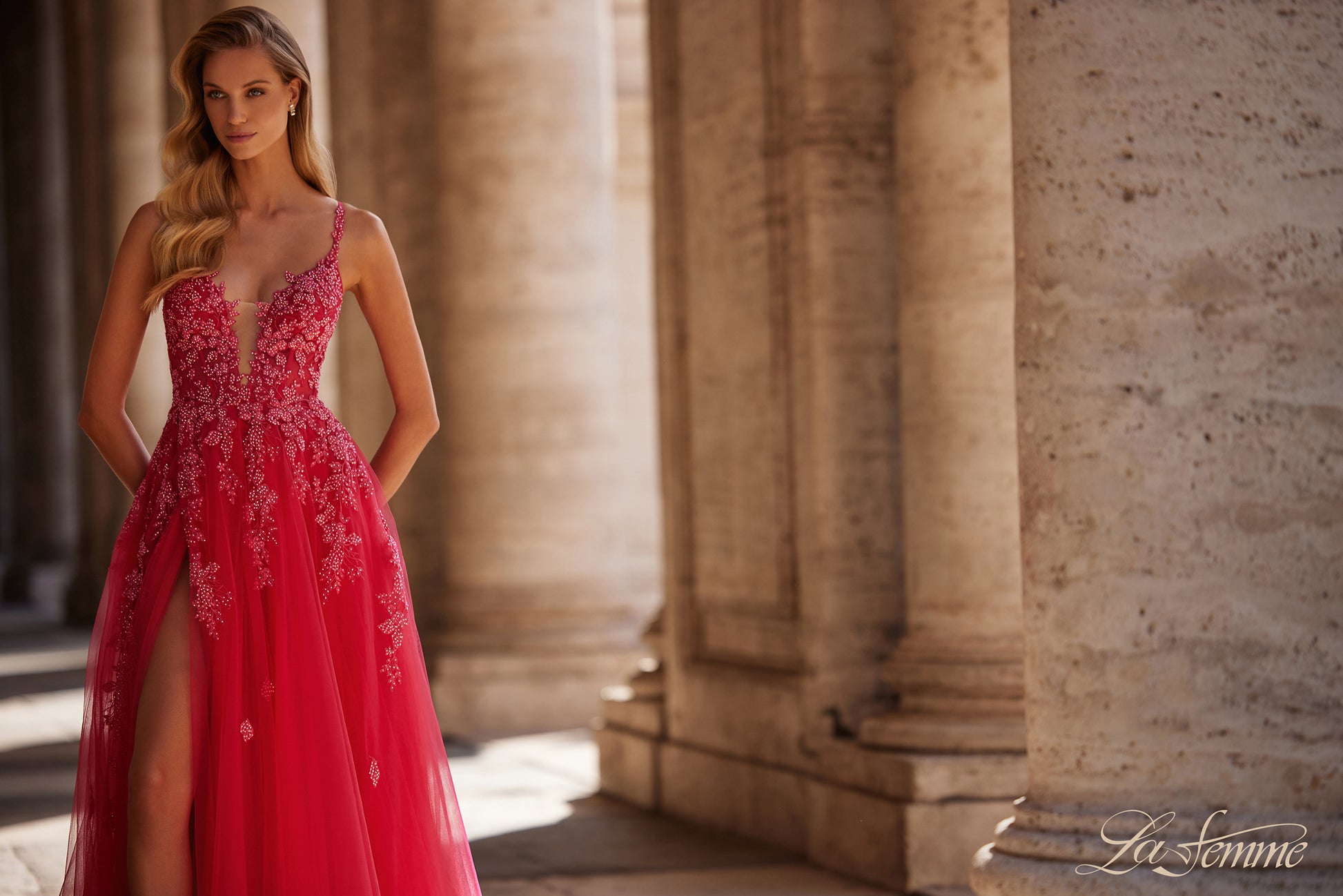 La-Femme-32062-Plunging-Neckline-Criss-Cross-Back-Corset-Lace-Tulle-A-Line-Strawberry-Evening-Dress-B-Chic-Fashions-Prom-Dress