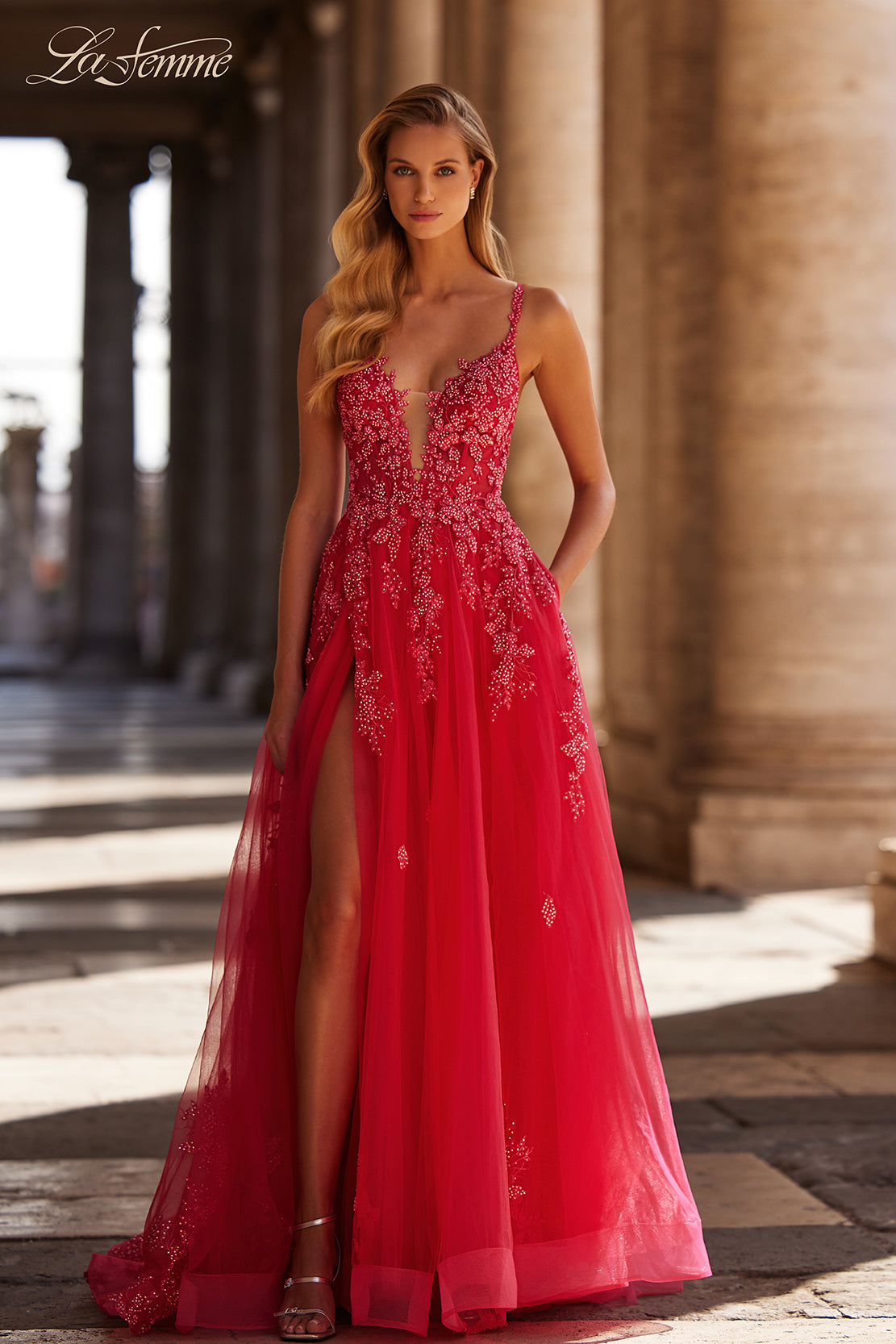 Shop La Femme 32062 Plunging Neckline Criss Cross Back Corset Lace/Tulle  A-Line Evening Dress – B Chic Fashions