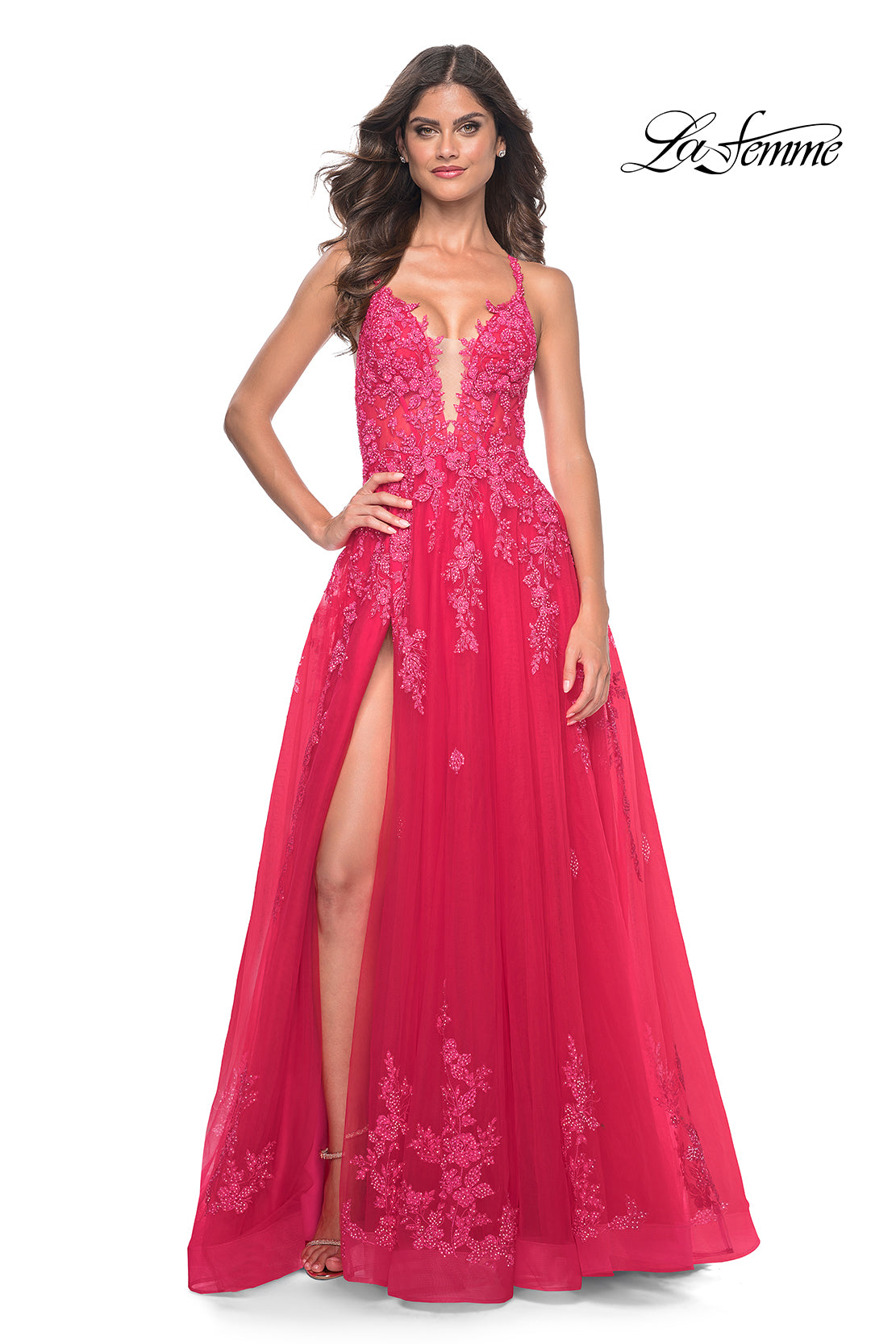 La-Femme-32062-Plunging-Neckline-Criss-Cross-Back-Corset-Lace-Tulle-A-Line-Strawberry-Evening-Dress-B-Chic-Fashions-Prom-Dress