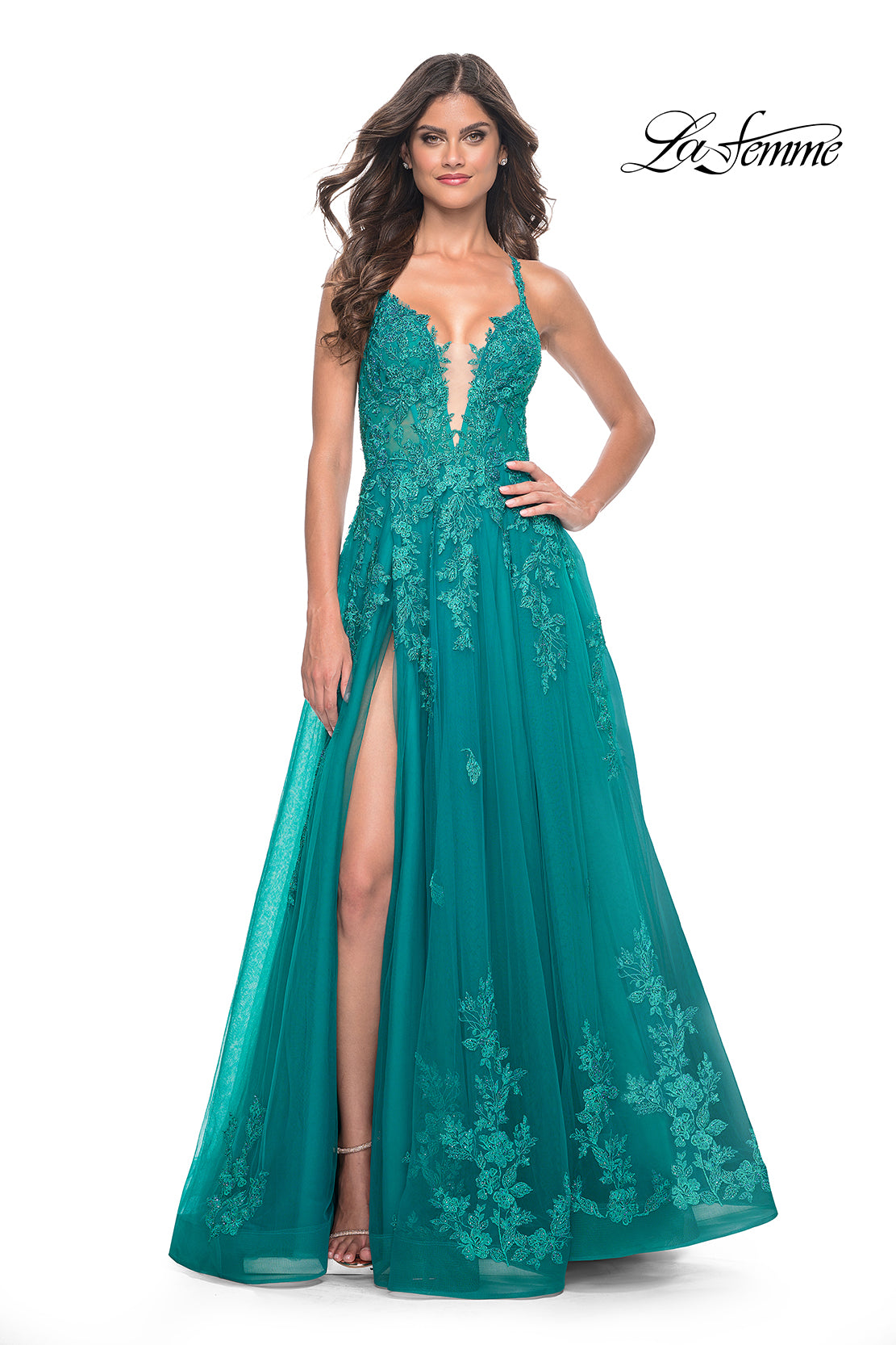 La-Femme-32062-Plunging-Neckline-Criss-Cross-Back-Corset-Lace-Tulle-A-Line-Teal-Evening-Dress-B-Chic-Fashions-Prom-Dress