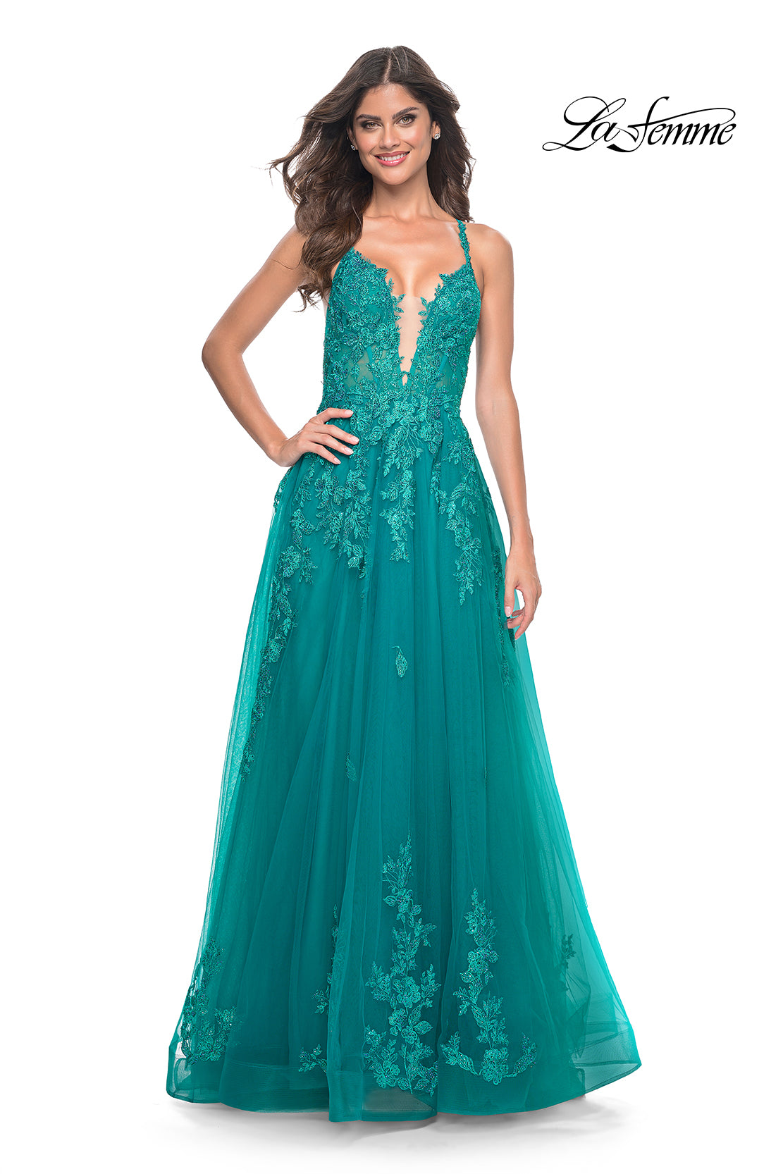 La-Femme-32062-Plunging-Neckline-Criss-Cross-Back-Corset-Lace-Tulle-A-Line-Teal-Evening-Dress-B-Chic-Fashions-Prom-Dress