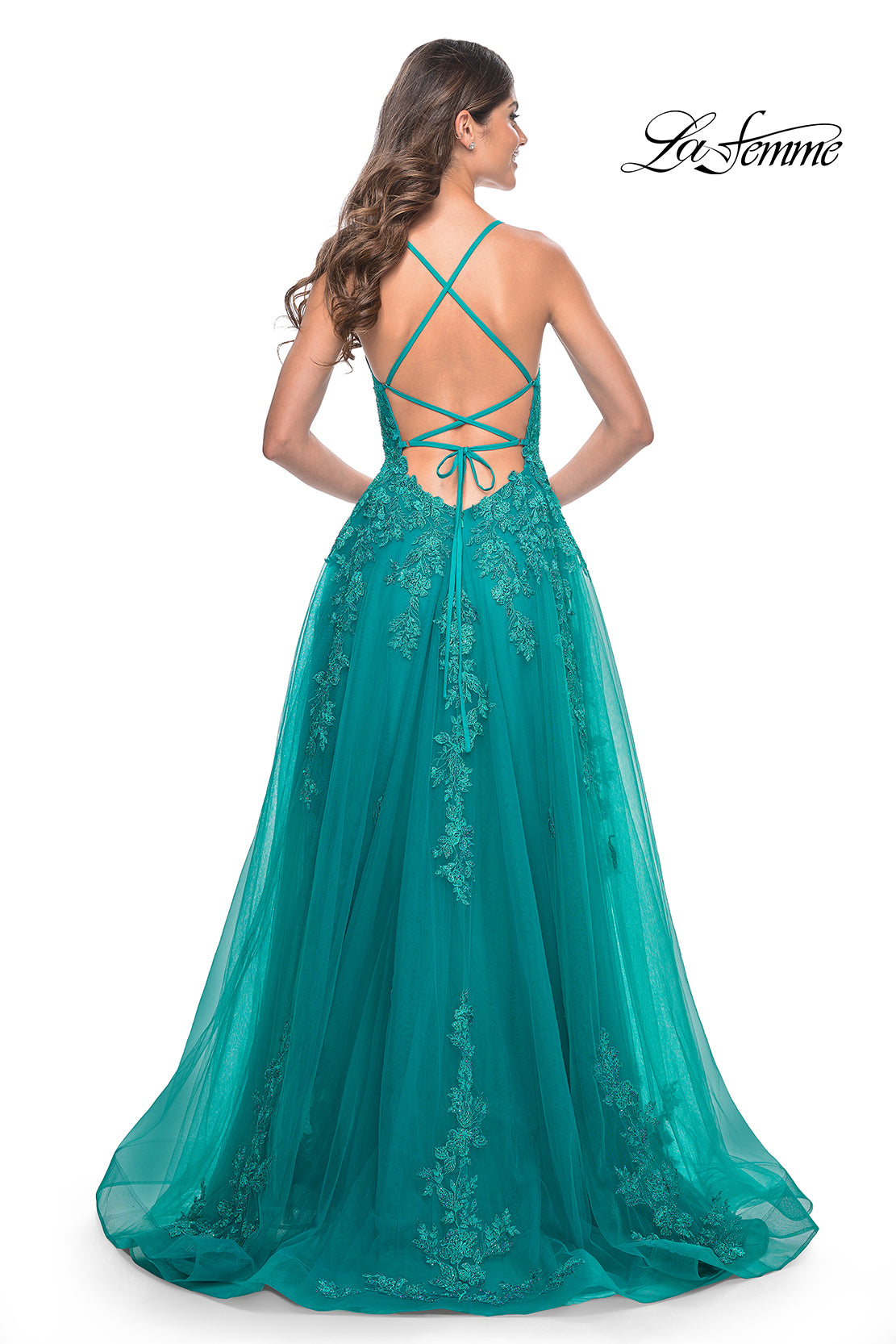 Shop La Femme 32062 Plunging Neckline Criss Cross Back Corset Lace/Tulle A-Line Evening Dress B Chic Fashions Shop La Femme 32062 Plunging Neckline Criss Cross Back Corset Lace/Tulle A-Line Evening Dress B Chic Fashions