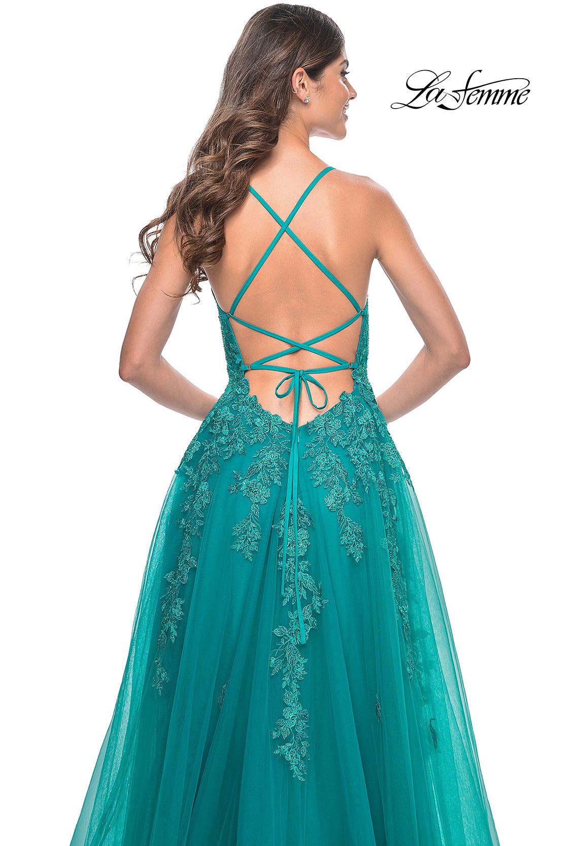 Shop La Femme 32062 Plunging Neckline Criss Cross Back Corset Lace/Tulle  A-Line Evening Dress  B Chic Fashions