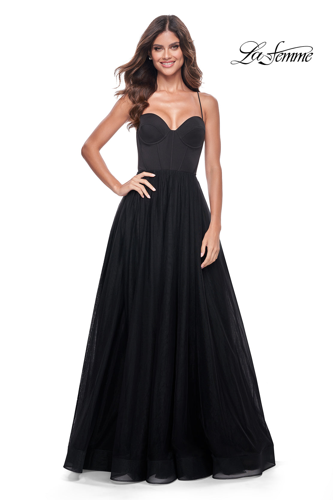 Shop La Femme 32065 Sweetheart Neckline Lace up Back High Slit Jersey/Tulle A-Line Evening Dress Black / 2