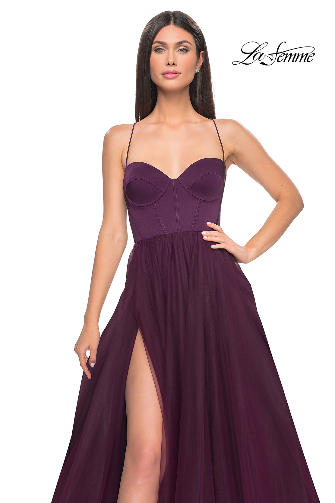 Shop La Femme 32065 Sweetheart Neckline Lace up Back High Slit Jersey/Tulle A-Line Evening Dress Black / 2 Shop La Femme 32065 Sweetheart Neckline Lace up Back High Slit Jersey/Tulle A-Line Evening Dress Black / 2