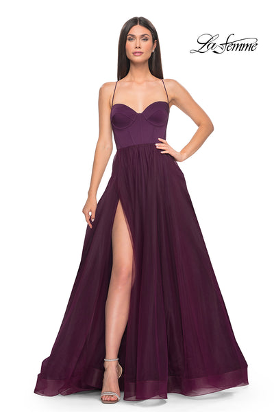 La-Femme-32065-Sweetheart-Neckline-Lace-up-Back-High-Slit-Jersey-Tulle-A-Line-Dark-Berry-Evening-Dress-B-Chic-Fashions-Prom-Dress