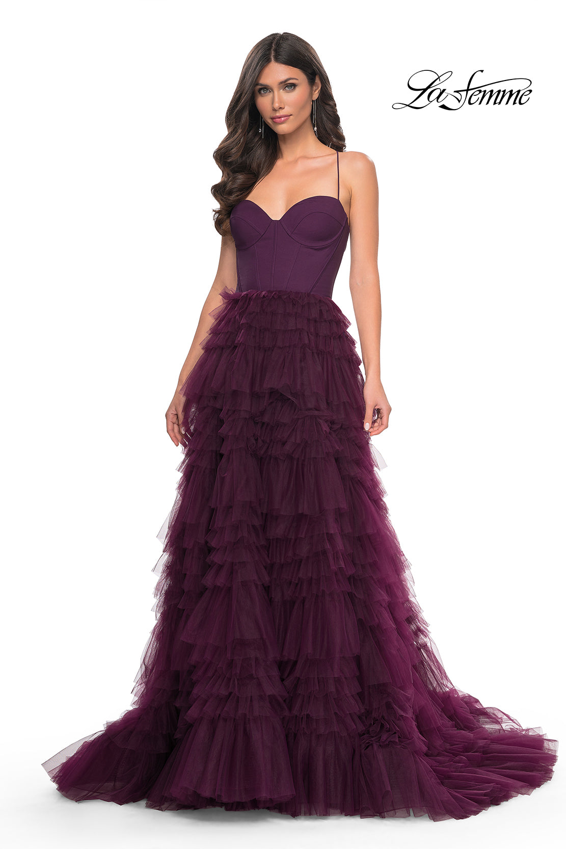 La-Femme-32071-Sweetheart-Neckline-Lace-up-Back-High-Slit-Jersey-Ruffle-Tulle-Ball-Gowns-Dark-Berry-Evening-Dress-B-Chic-Fashions-Prom-Dress