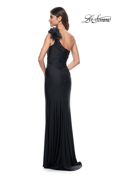 La-Femme-32076-One-Shoulder-Neckline-Zipper-Back-High-Slit-Jersey-Fitted-Black-Evening-Dress-B-Chic-Fashions-Prom-Dress